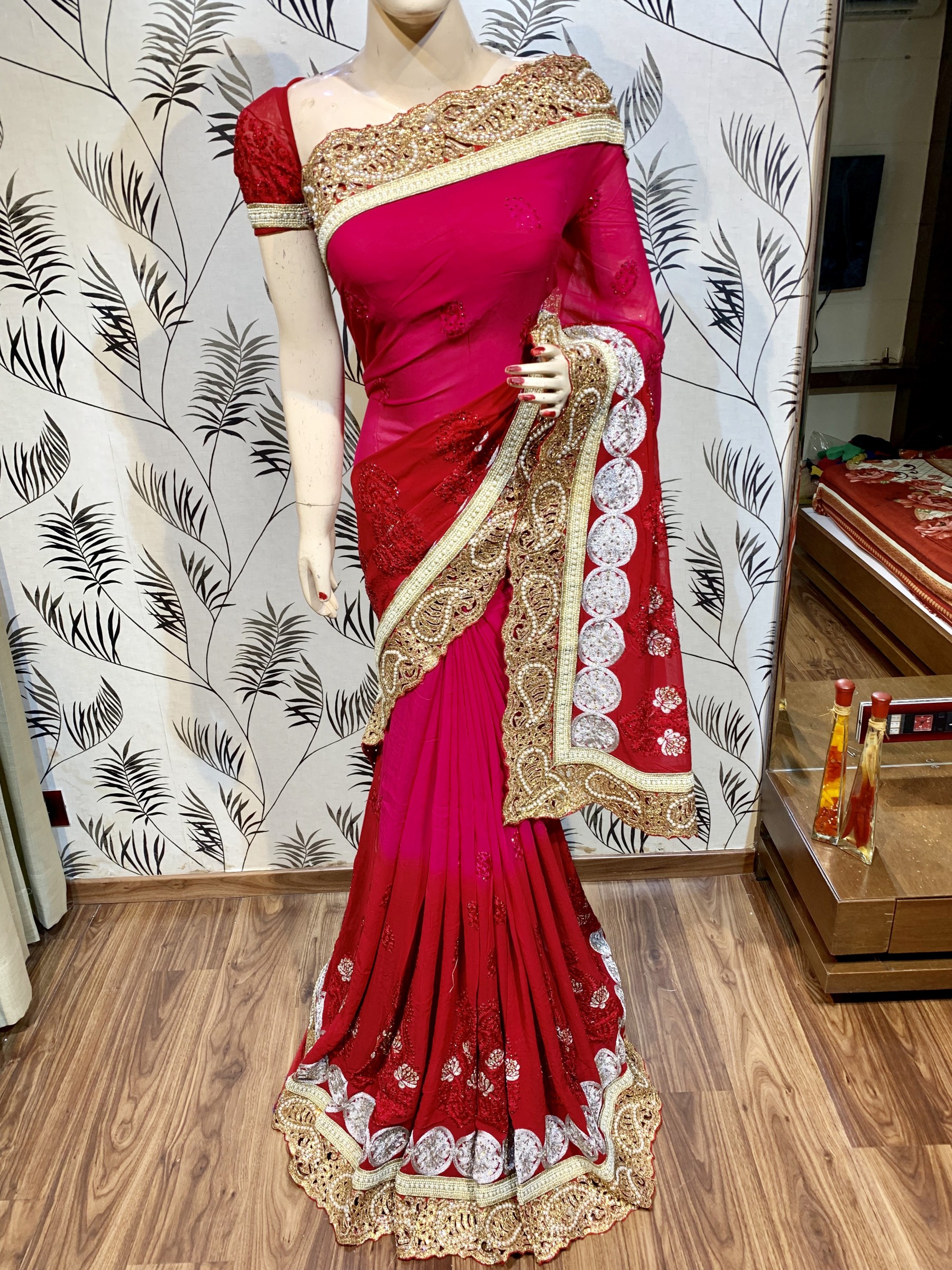 Women's Party Wear Superb Red Color Pleating Work Saree