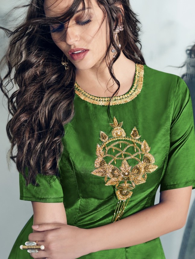 Satin Silk Long Kurti In Green With Embroidery Work