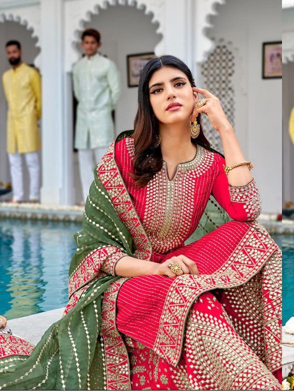 Heavy georgette Party Wear Readymade Plazo Suit in Pink Color with