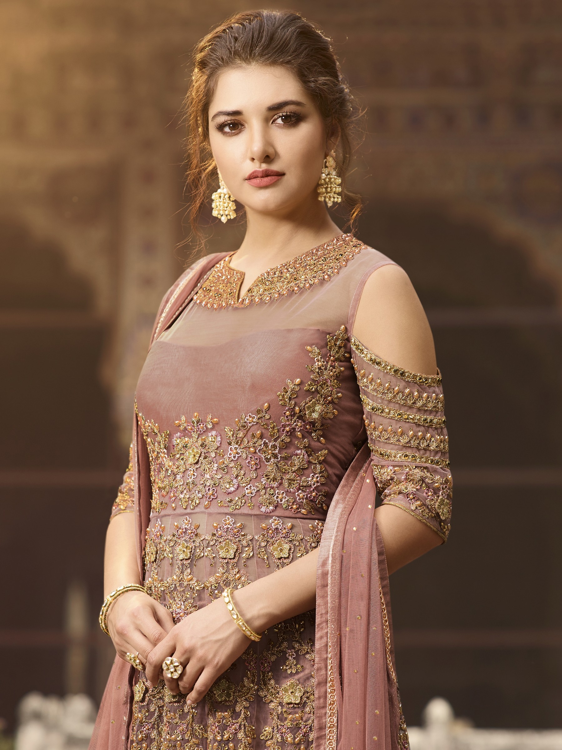Soft Premium Net Wedding Wear Readymade Gown In Pink With Embroidery &  Crystals Stone Work - Plus Size Product