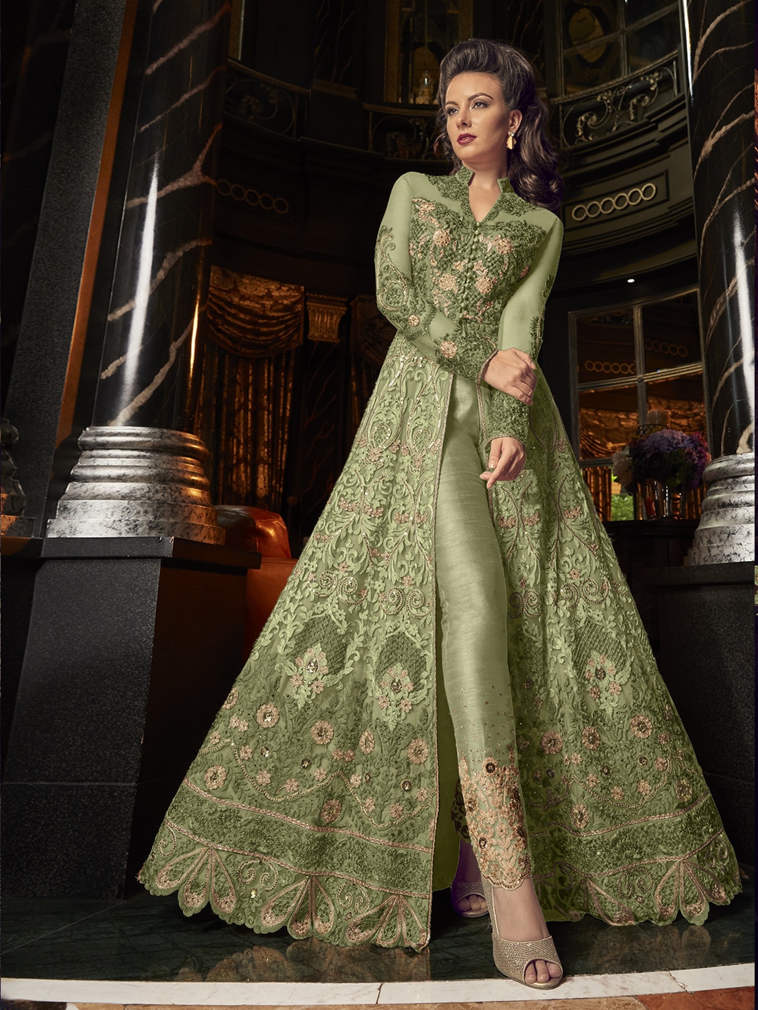 Heavy Real Georgette Party Wear Gown In Green Color With Embrodiery Work