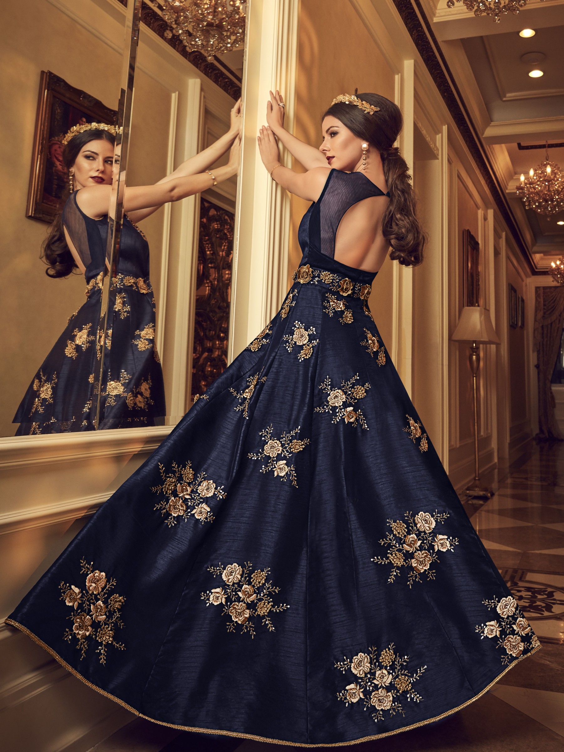 Blue color net gown with golden work – Panache Haute Couture