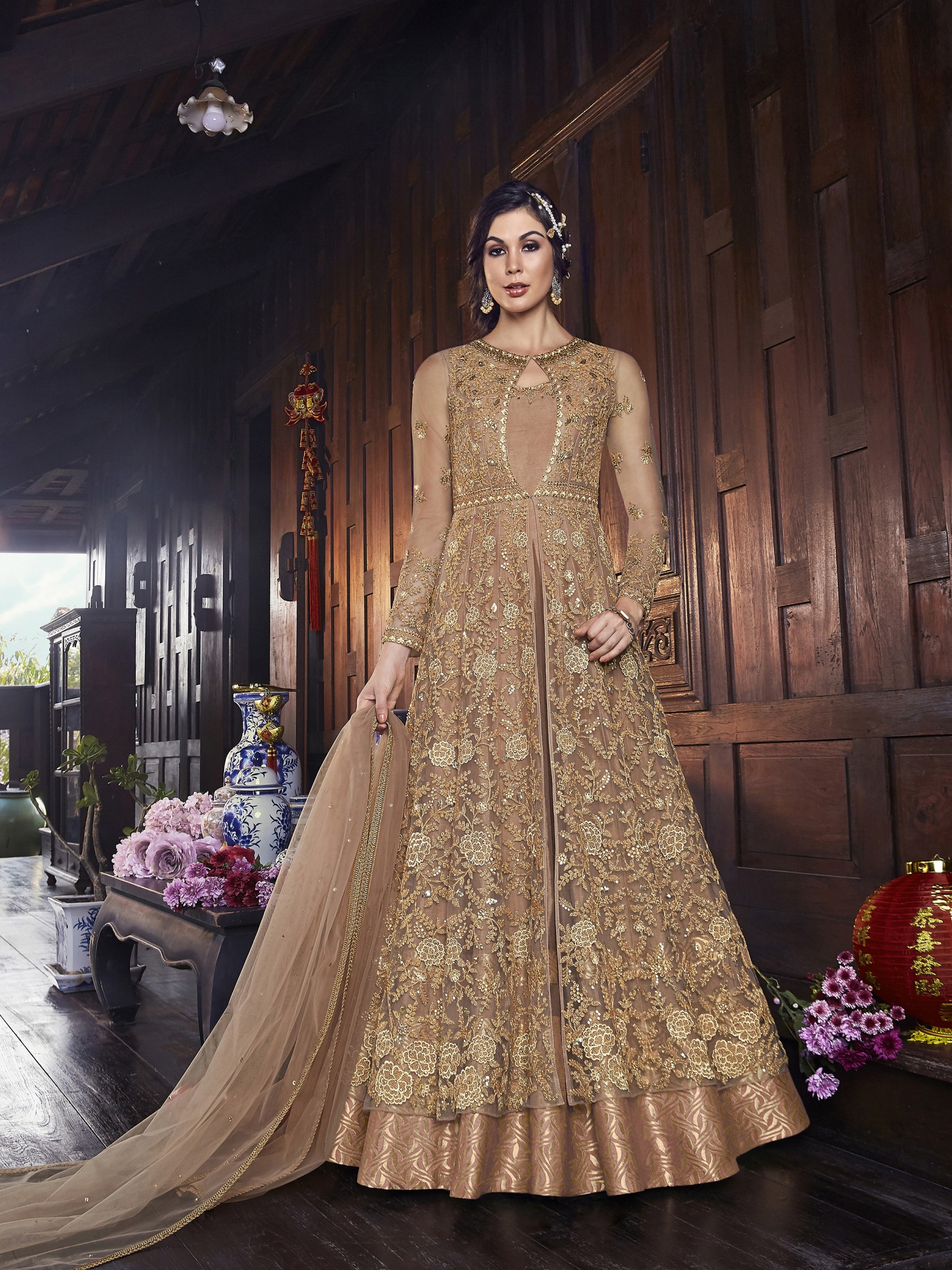 Golden Embroidered Gown With Dupatta Design by ROQA at Pernias Pop Up Shop  2023