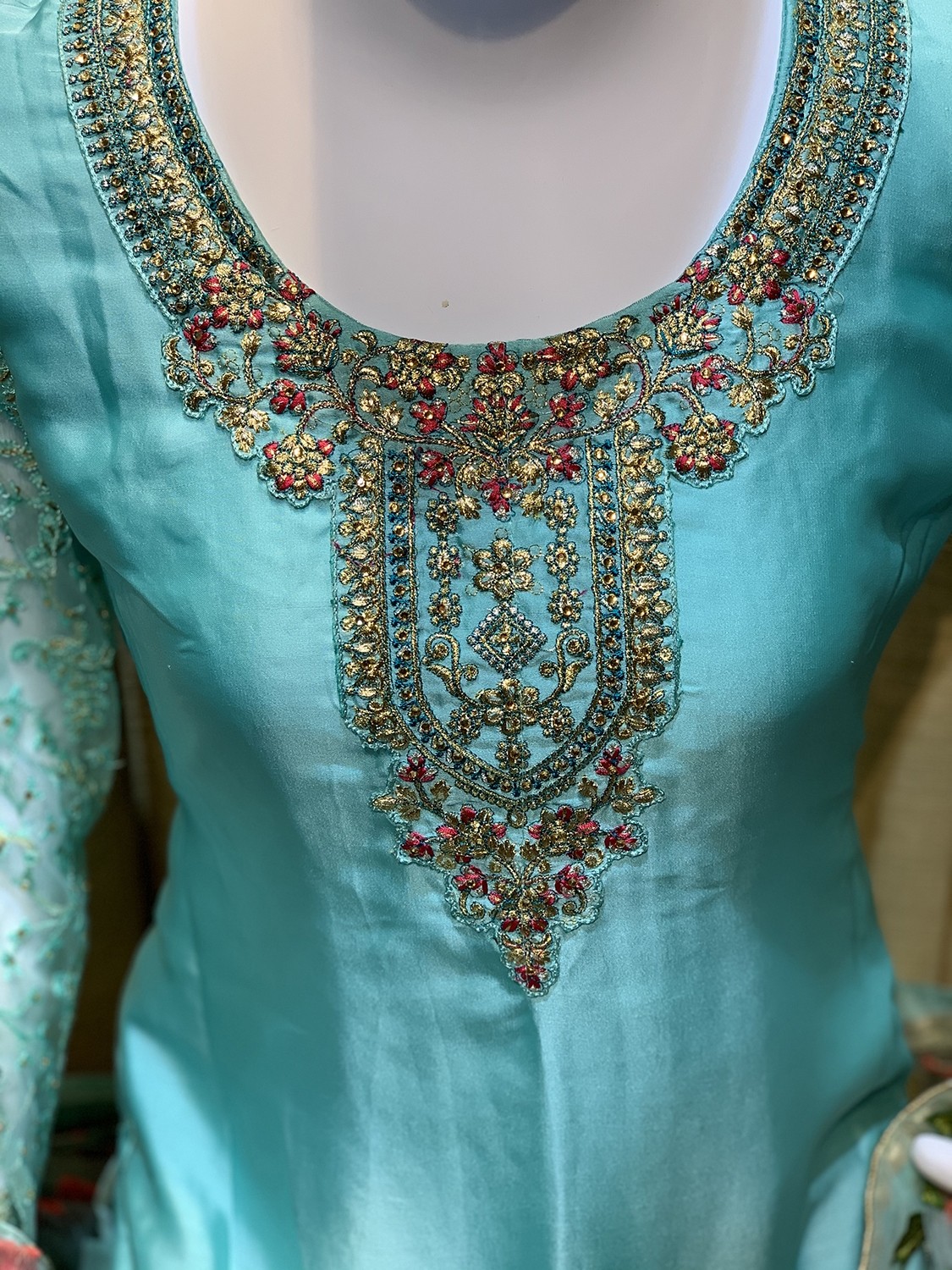 Satin Georgette Party Wear Salwar Kameez In Sea Blue With