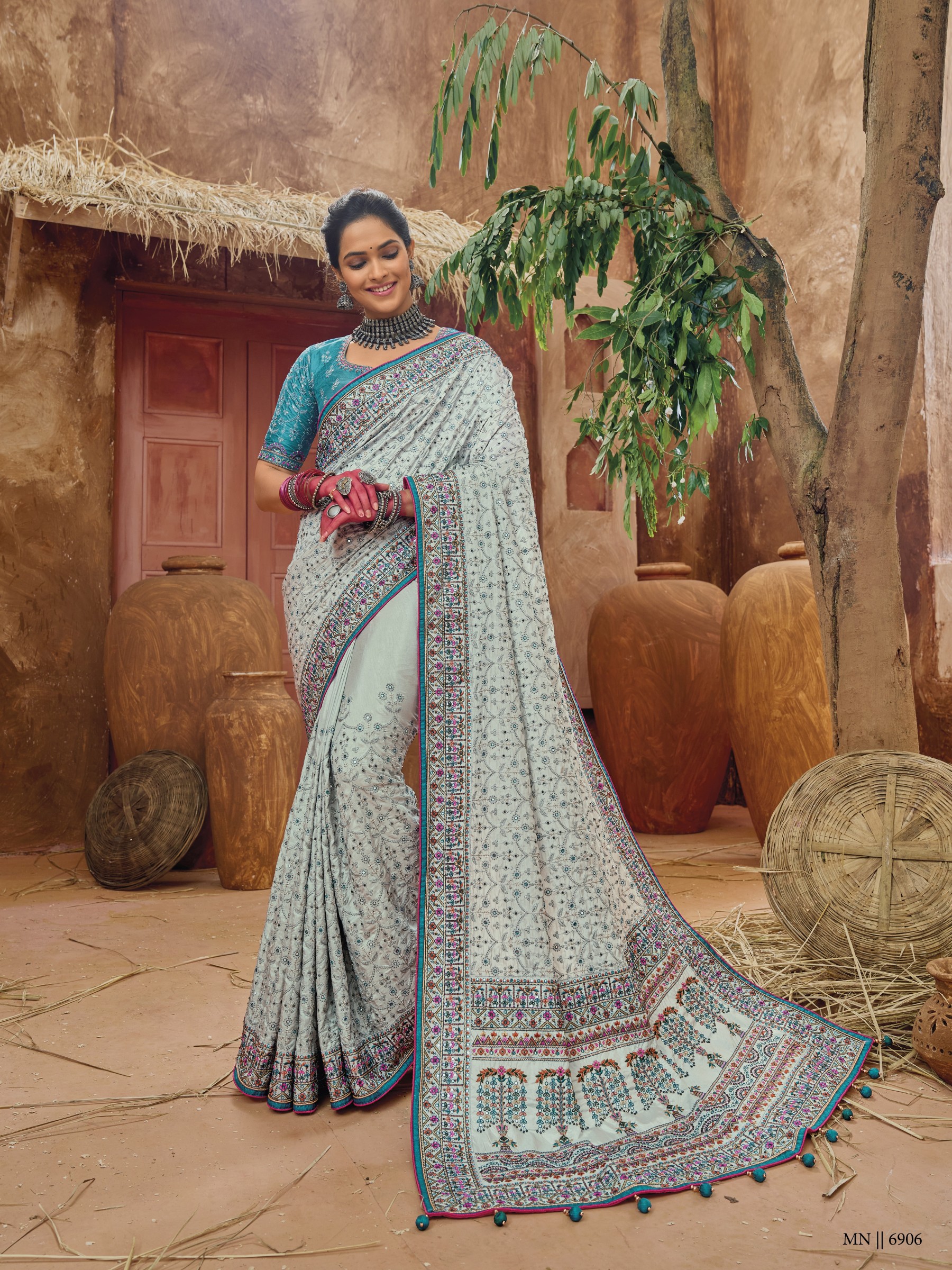 Sky Blue Woven Banarasi Linen Silk Saree – Zari Banaras