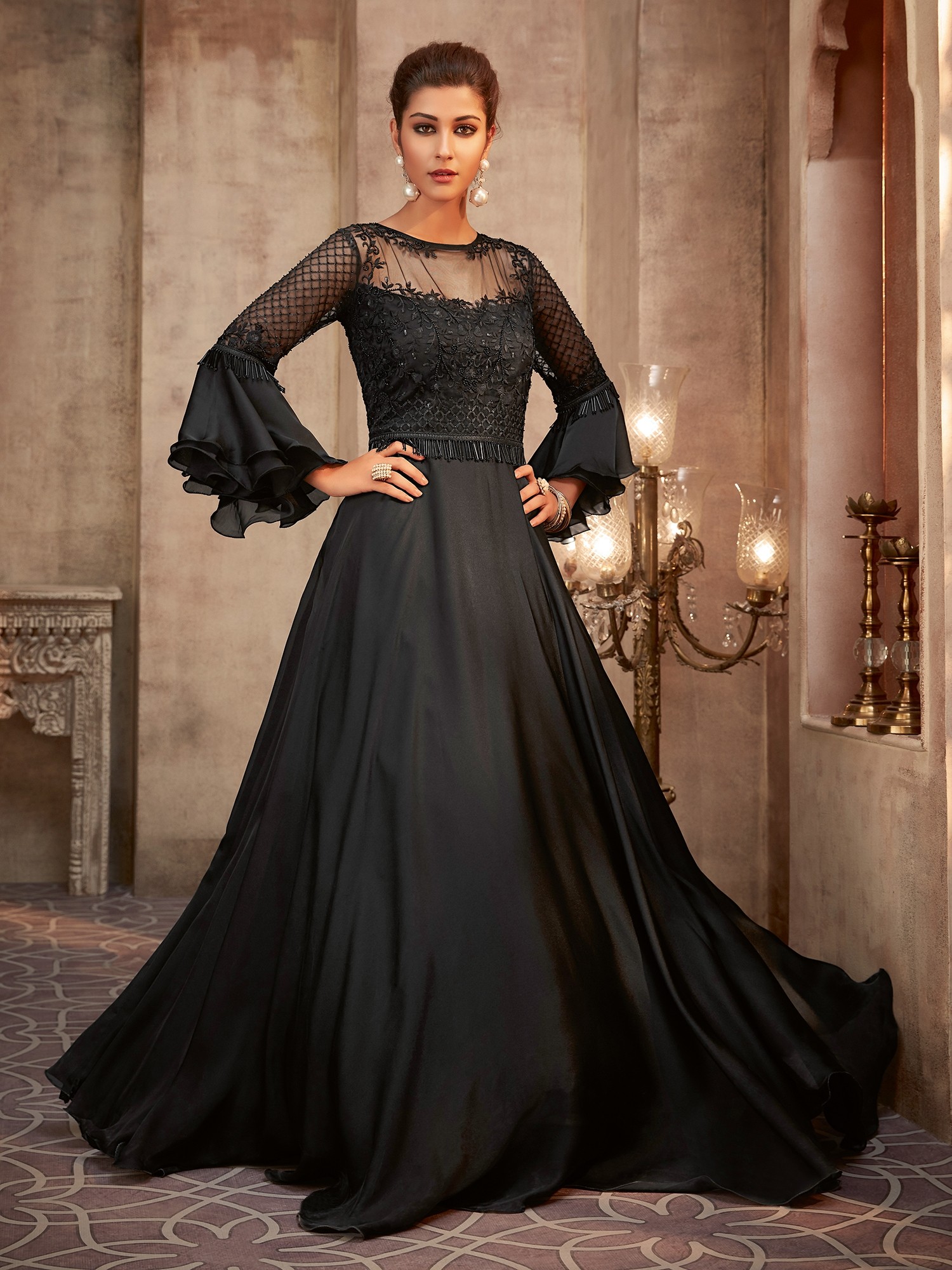 Buy Party Wear Gown - Georgette Pretty Black Sequins & Thread Gown –  Empress Clothing