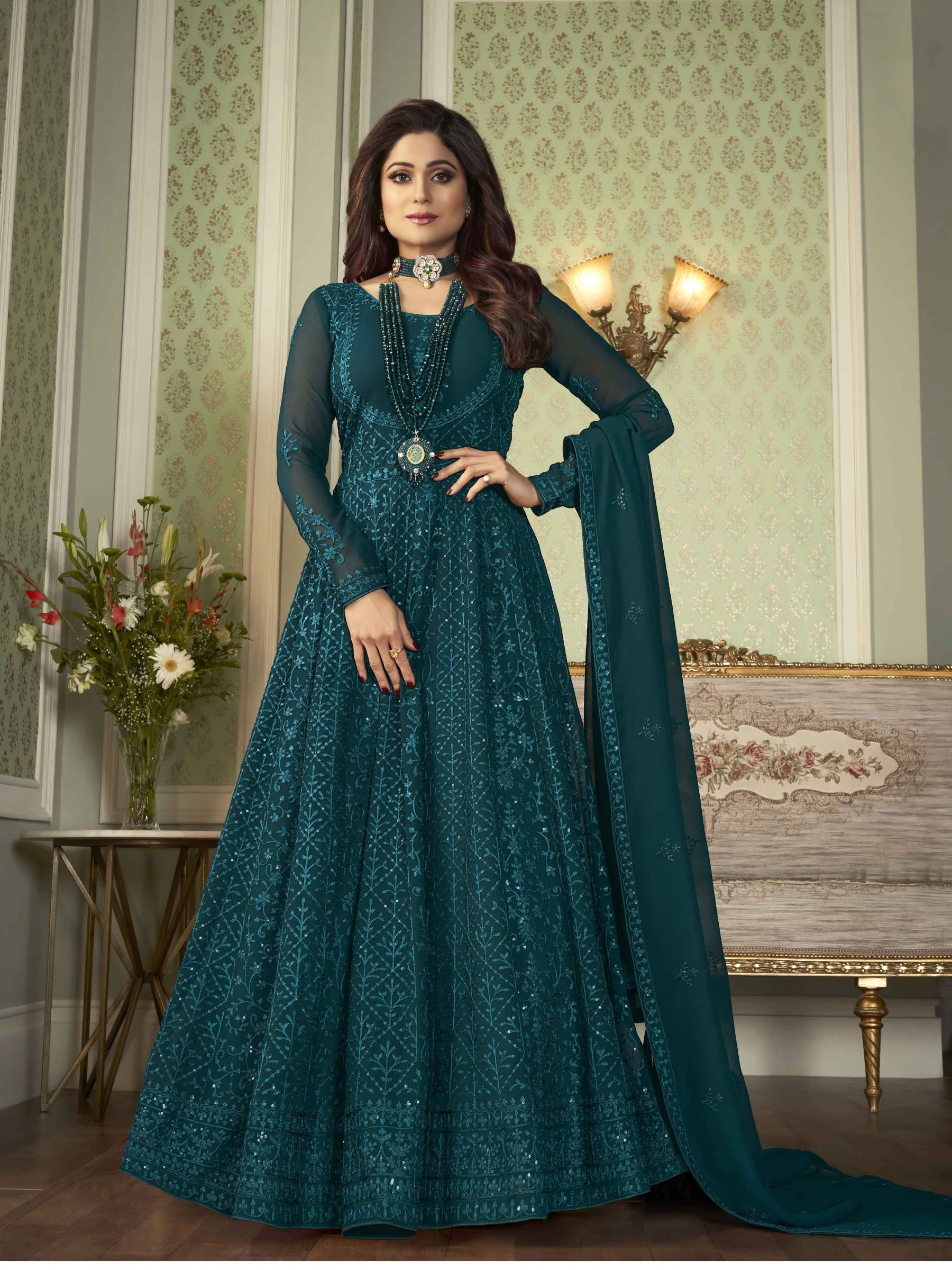 Long Gown Dress In Blue Color With Jacard border - Spegrow Mart