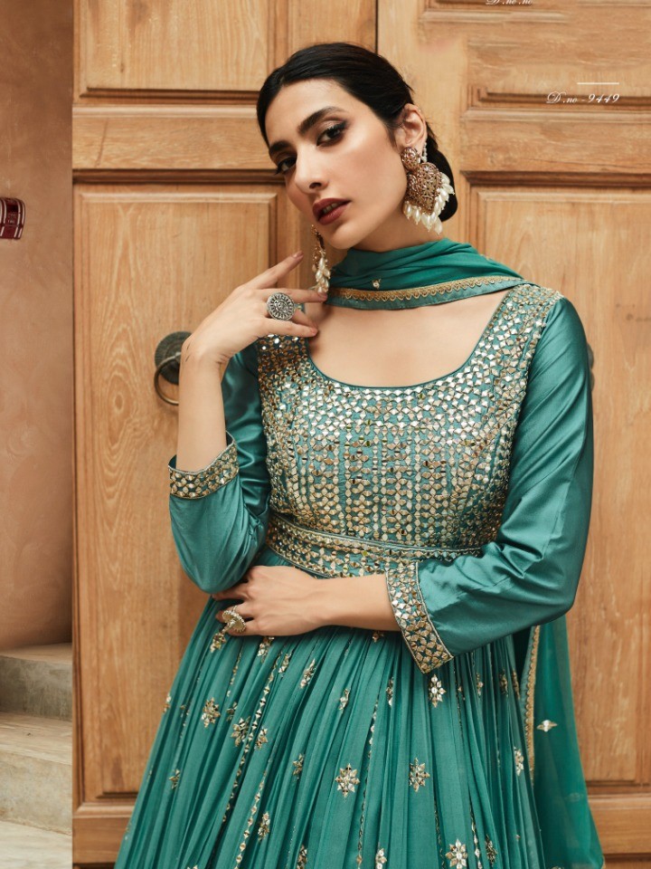 Heavy Real Georgette Party Wear Gown In Turquoise Color With