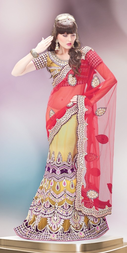 Peach red beautiful combination extraordinary classic lehenga saree - New  India Fashion