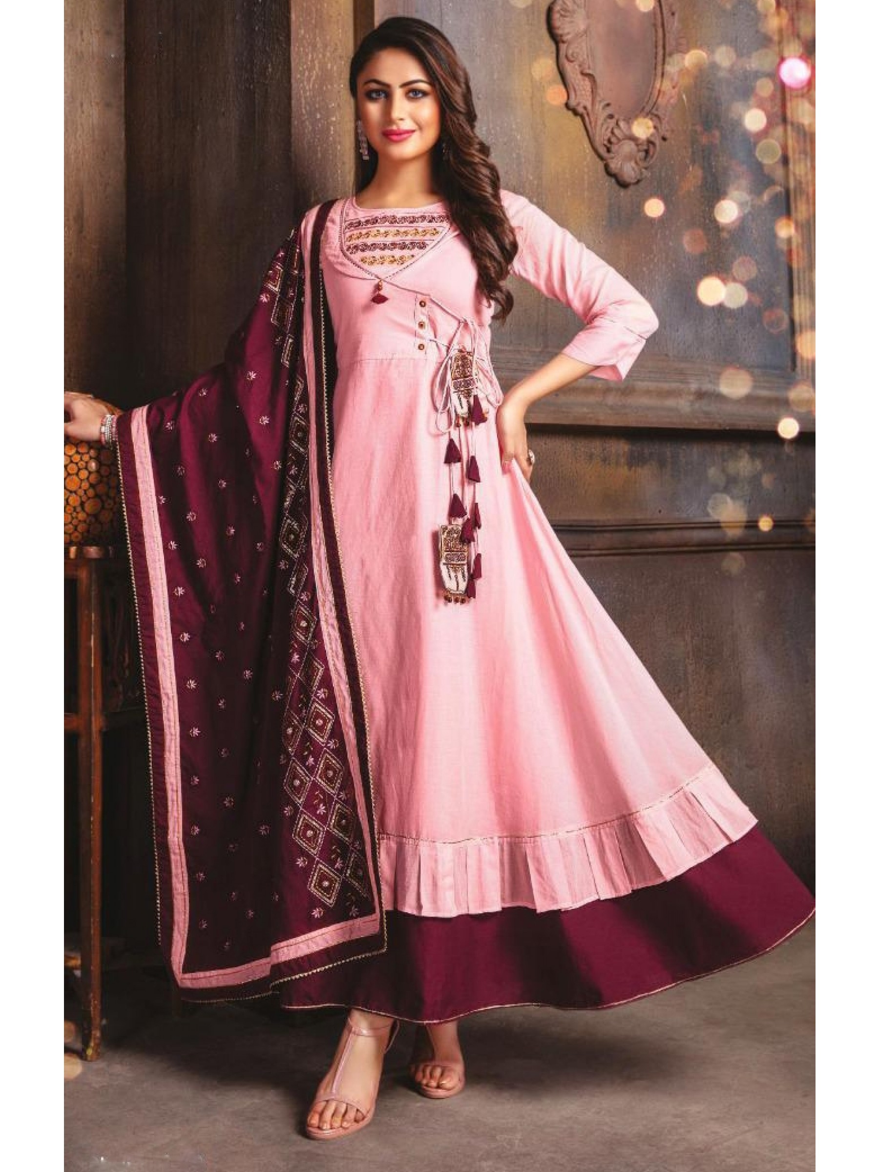 Cotton mal Fabrics Long Kurti With Dupatta  In Pink Color With Embroidery