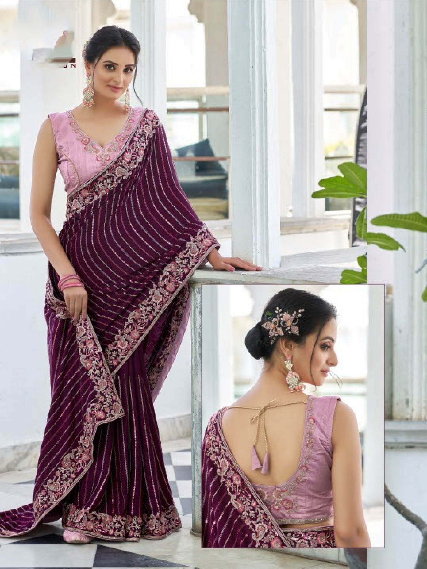 Georgette Party Wear  Saree In Purple Color With Embroidery Work