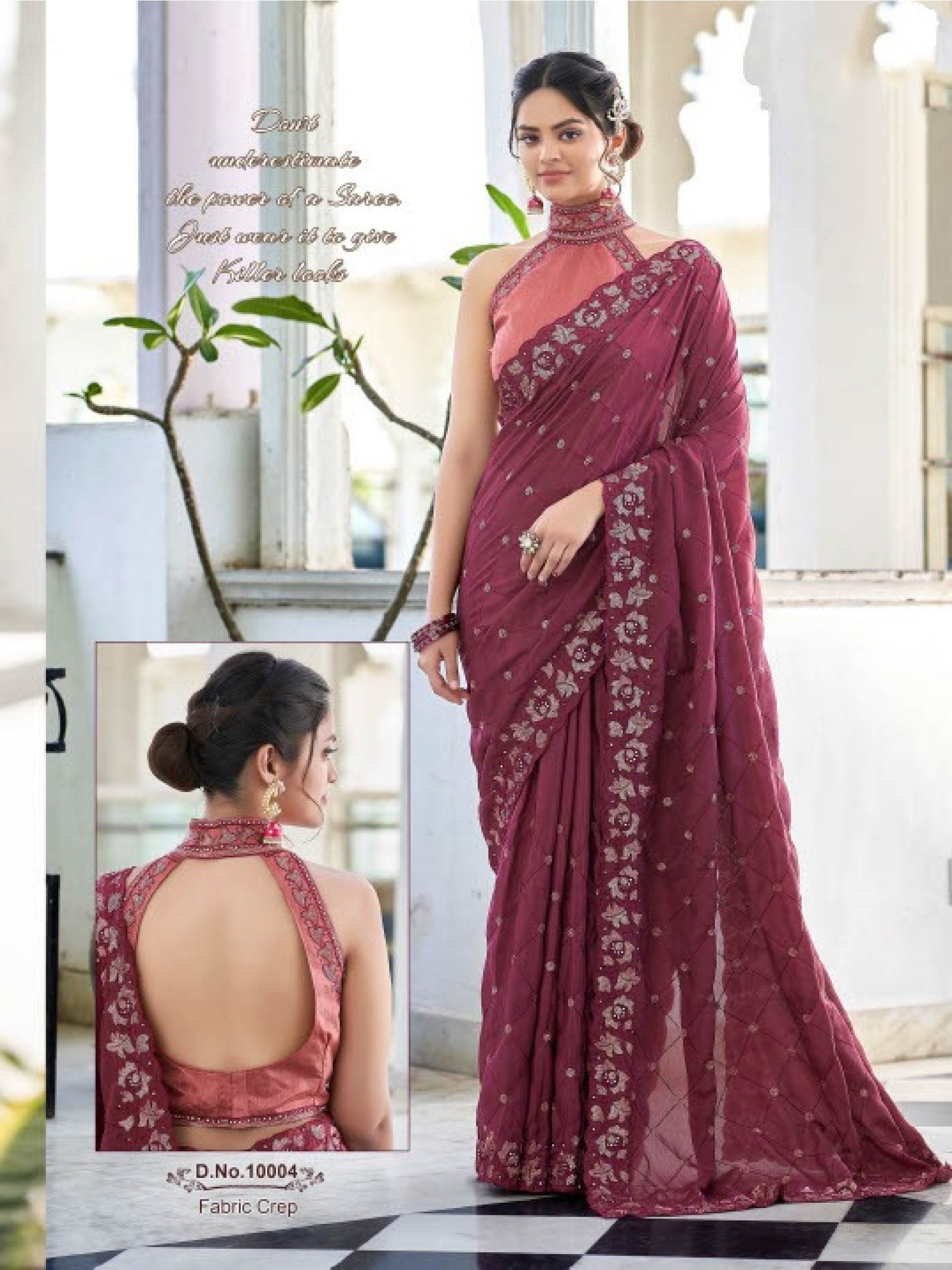 Crape Party Wear  Saree In Maroon  Color With Embroidery Work