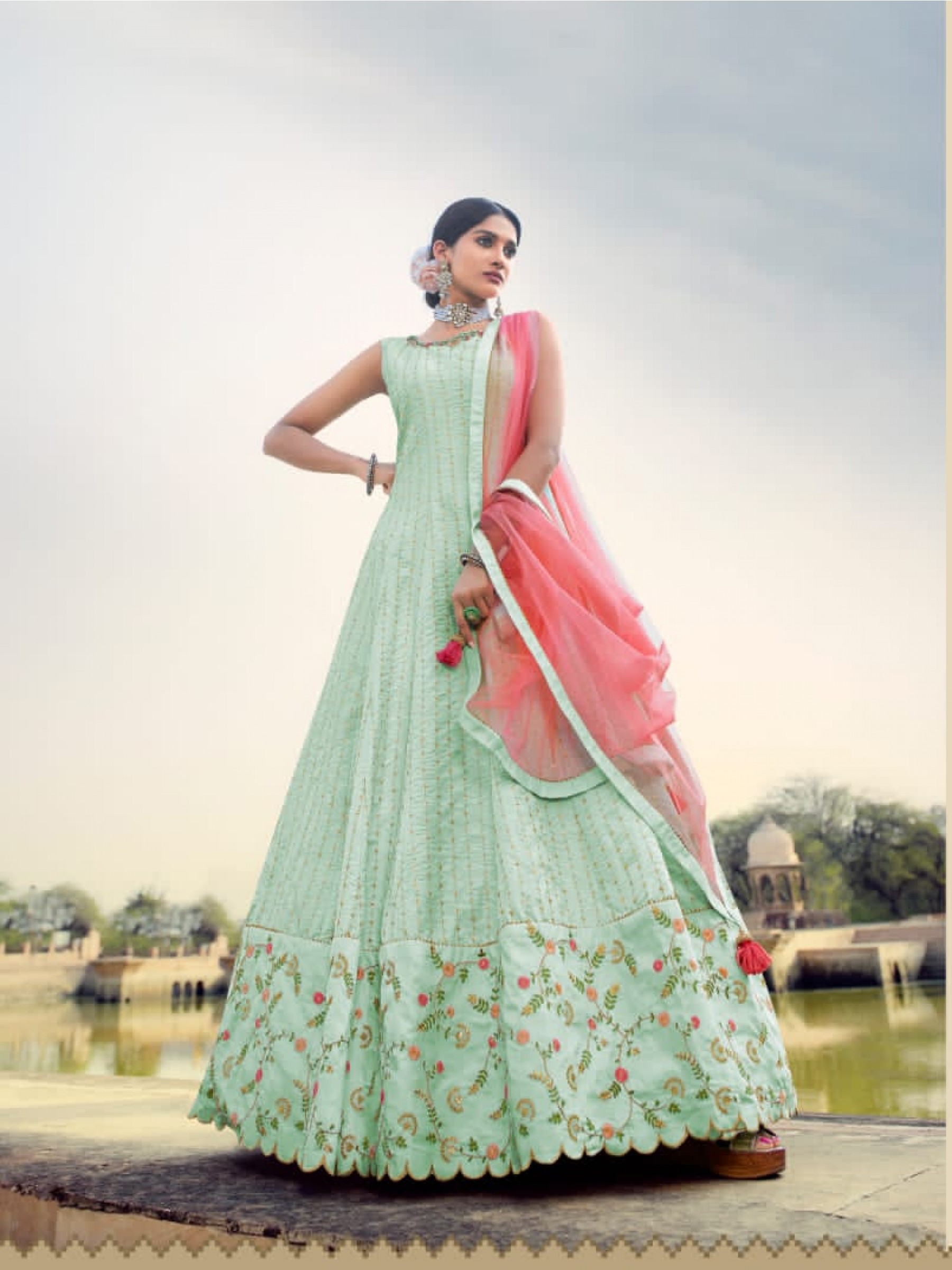 Dola Silk Party Wear Gown Sea Green Color with  Embroidery Work