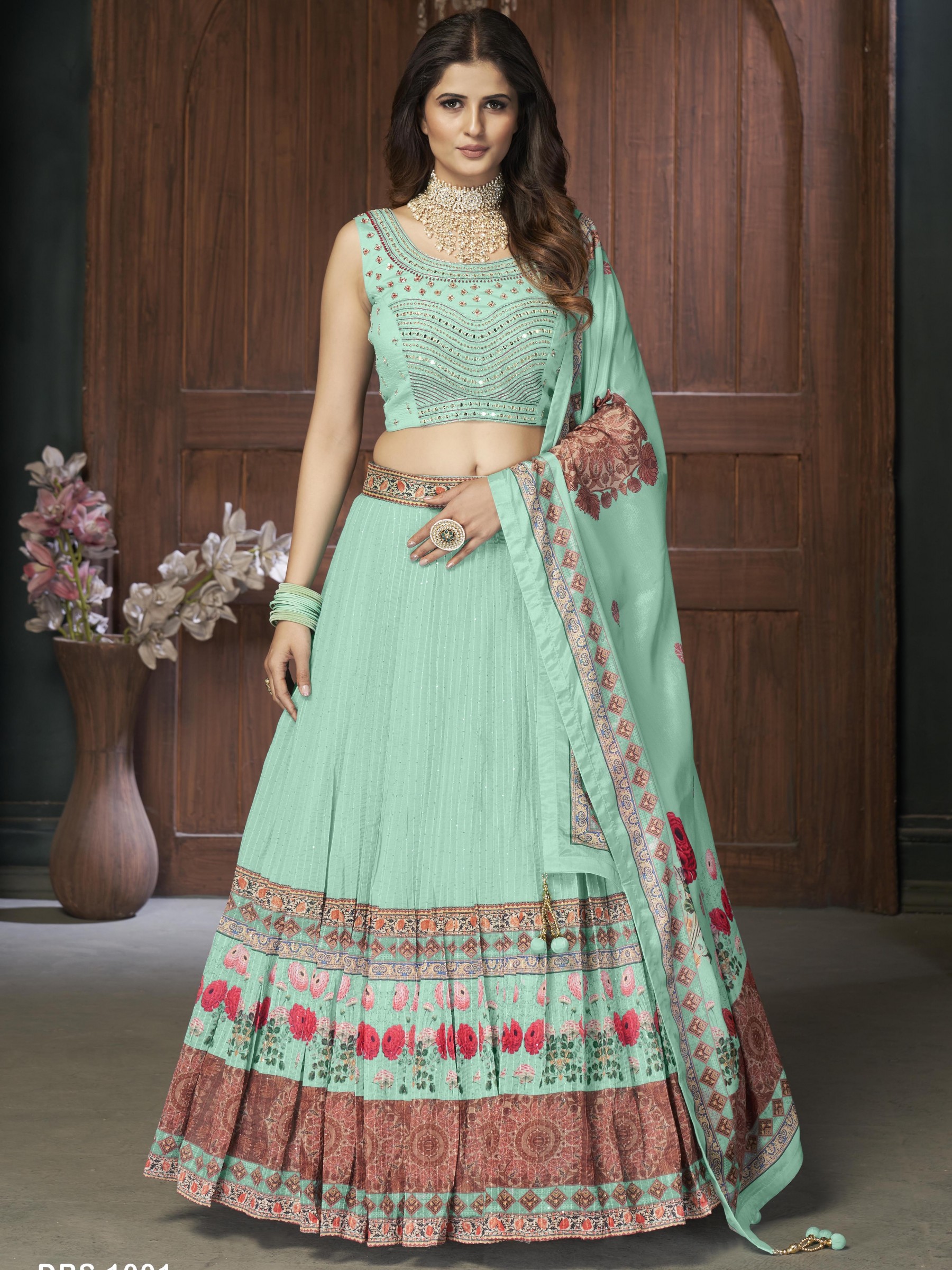 Chinon  Fabrics Party Wear Lehenga in Sea Green Color With Embrodiery  