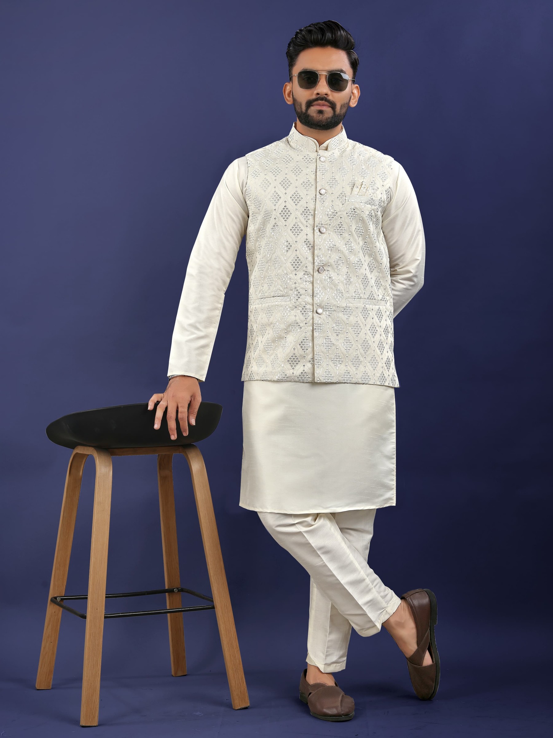 Rayon Silk Readymade Koti Kurta in Off White Color With Embroidery work 