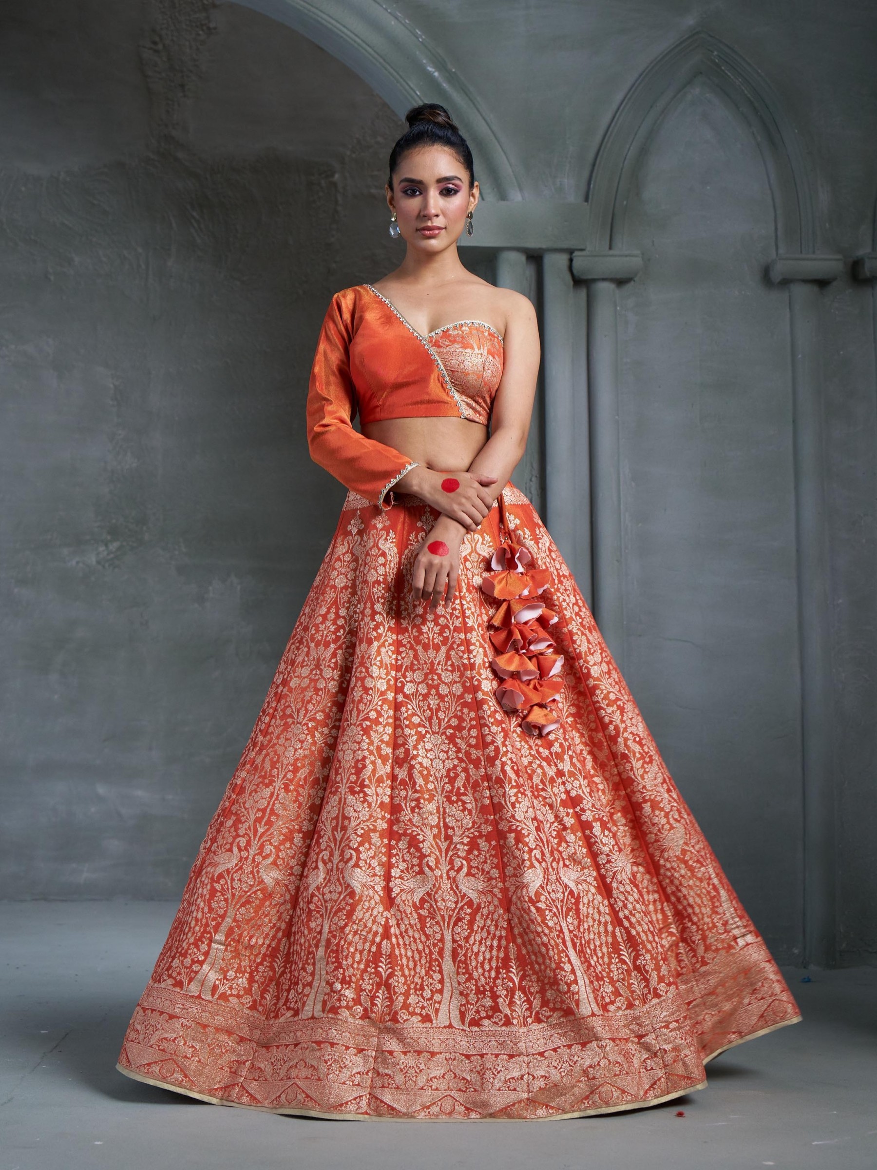 Pure Banarasi Viscose Tissue Silk Wedding Wear Lehenga in Orange Color With Embroidery Work