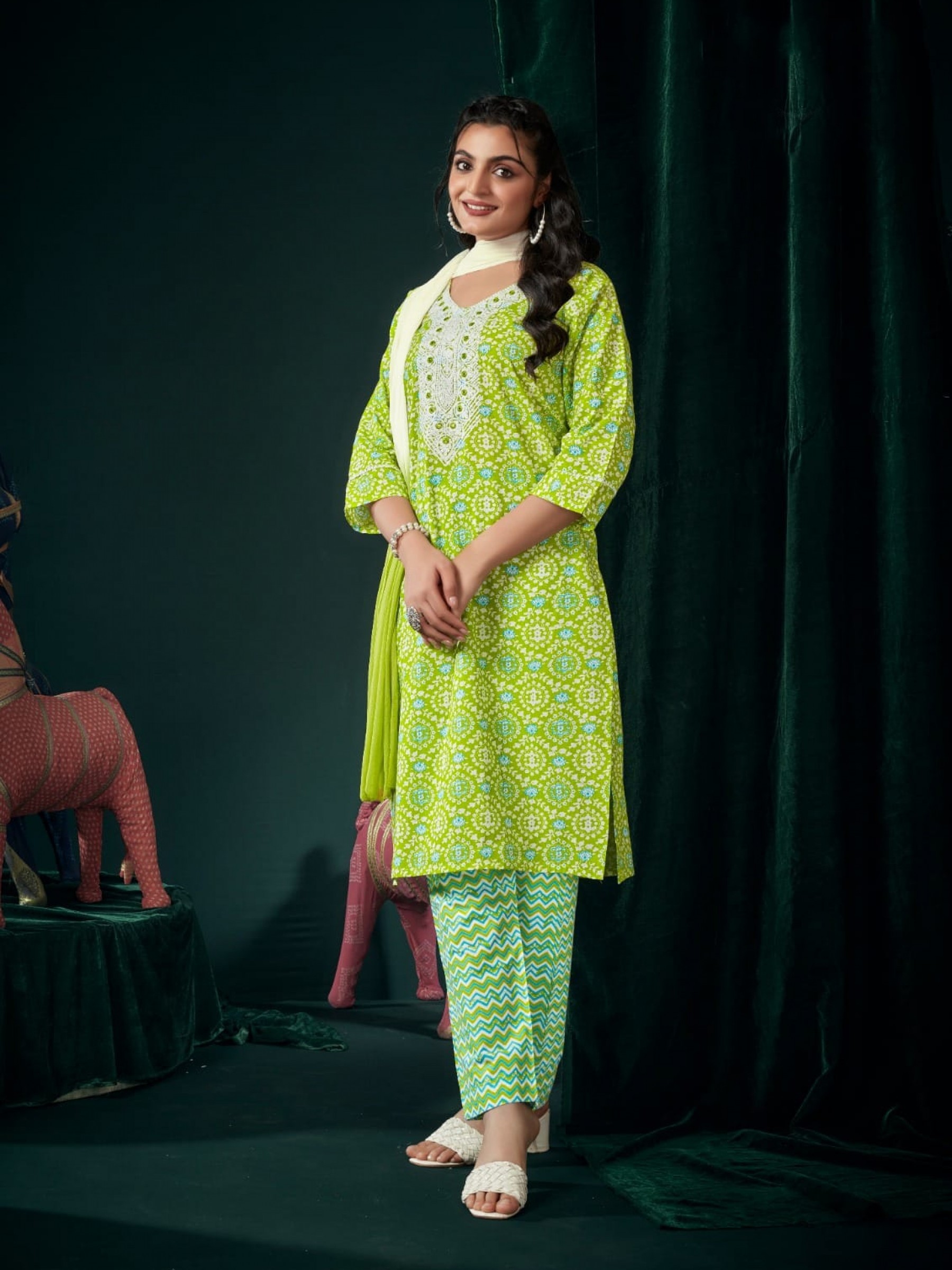 Cotton Silk Party Wear Sharara In Green With Embroidery Work 