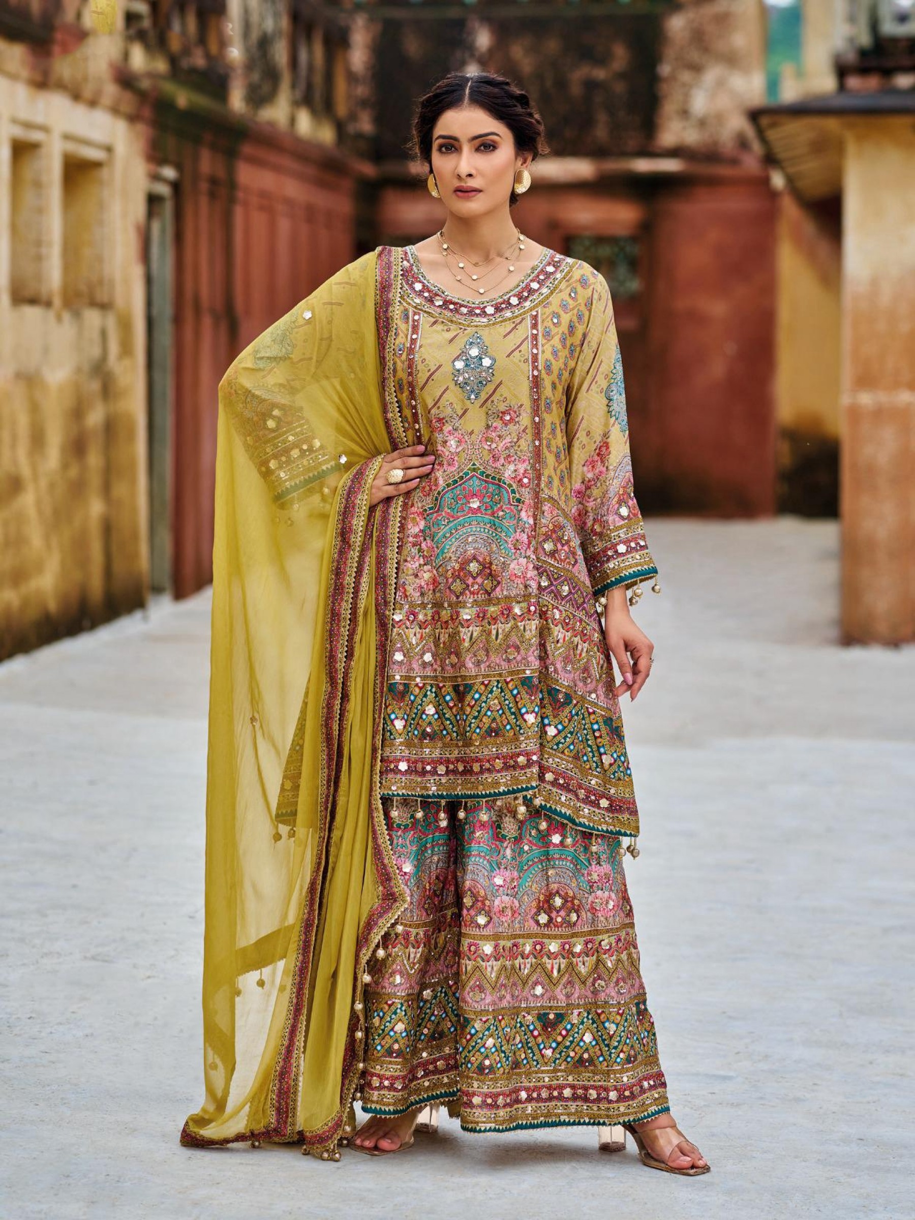 Pure Chinon Silk Party Wear Sharara Multi Color with Embroidery Work