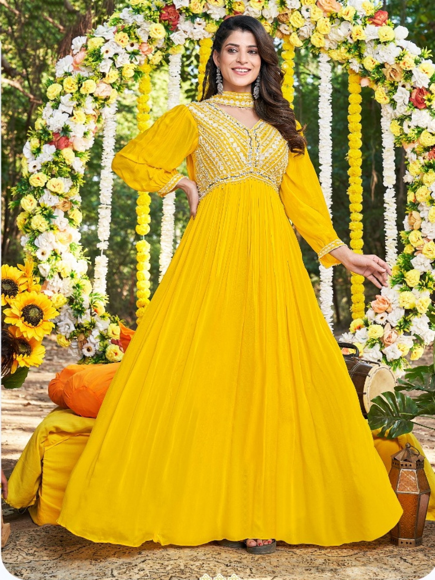  Pure Viscose Chinon  Fabrics Party Wear Gown  In Yellow Color With Embroidery Work