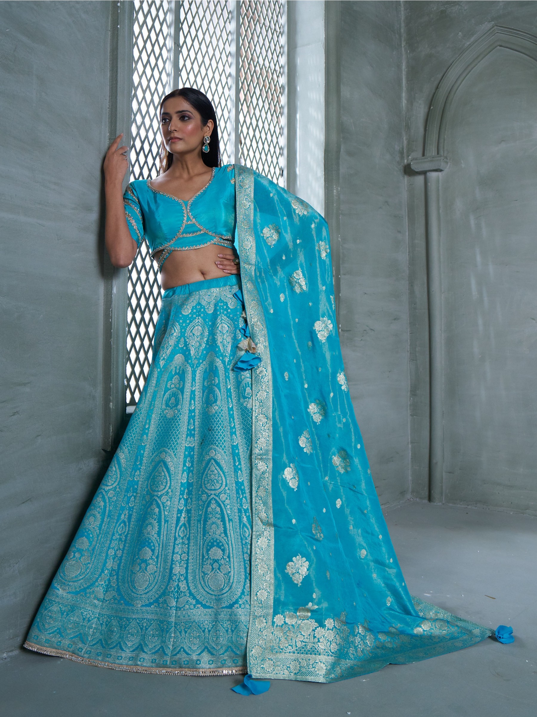 Pure Banarasi Viscose Tissue Silk Wedding Wear Lehenga in Sky Blue Color With Embroidery Work
