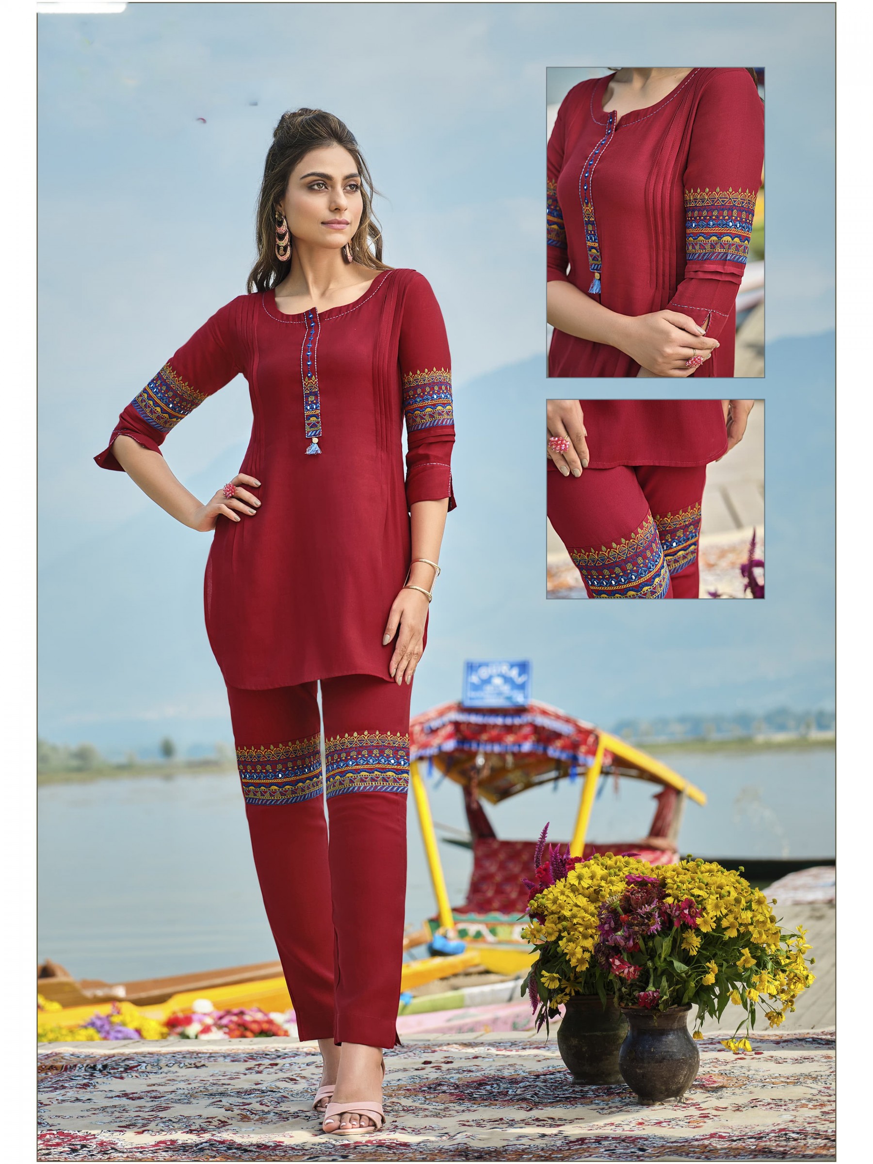 Pure Viscose Silk Co-Ord Set Viscose In Red Color With Handwork 