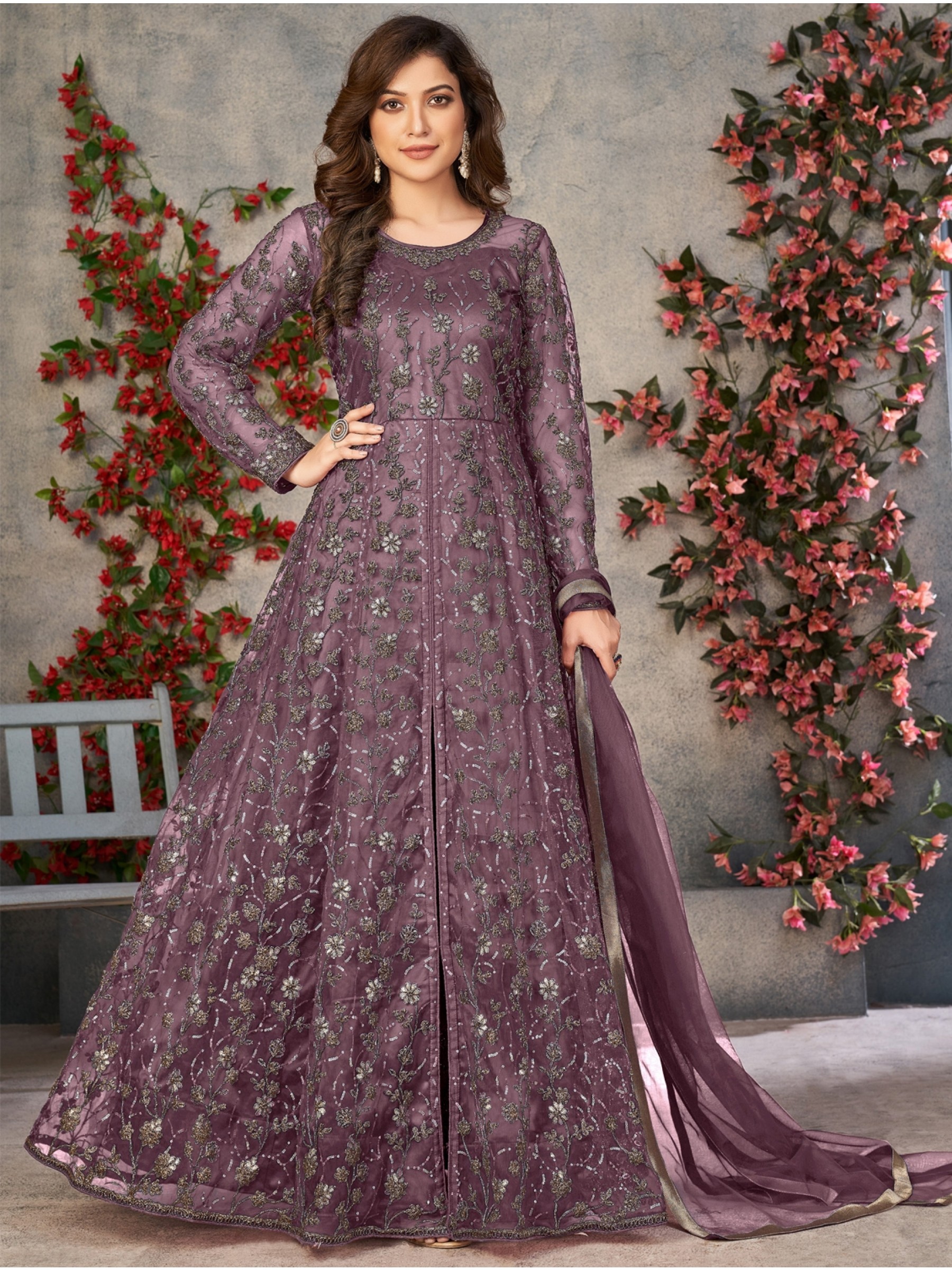 Soft Premium Net Party Wear Gown In Lavender Color with Embroidery Work