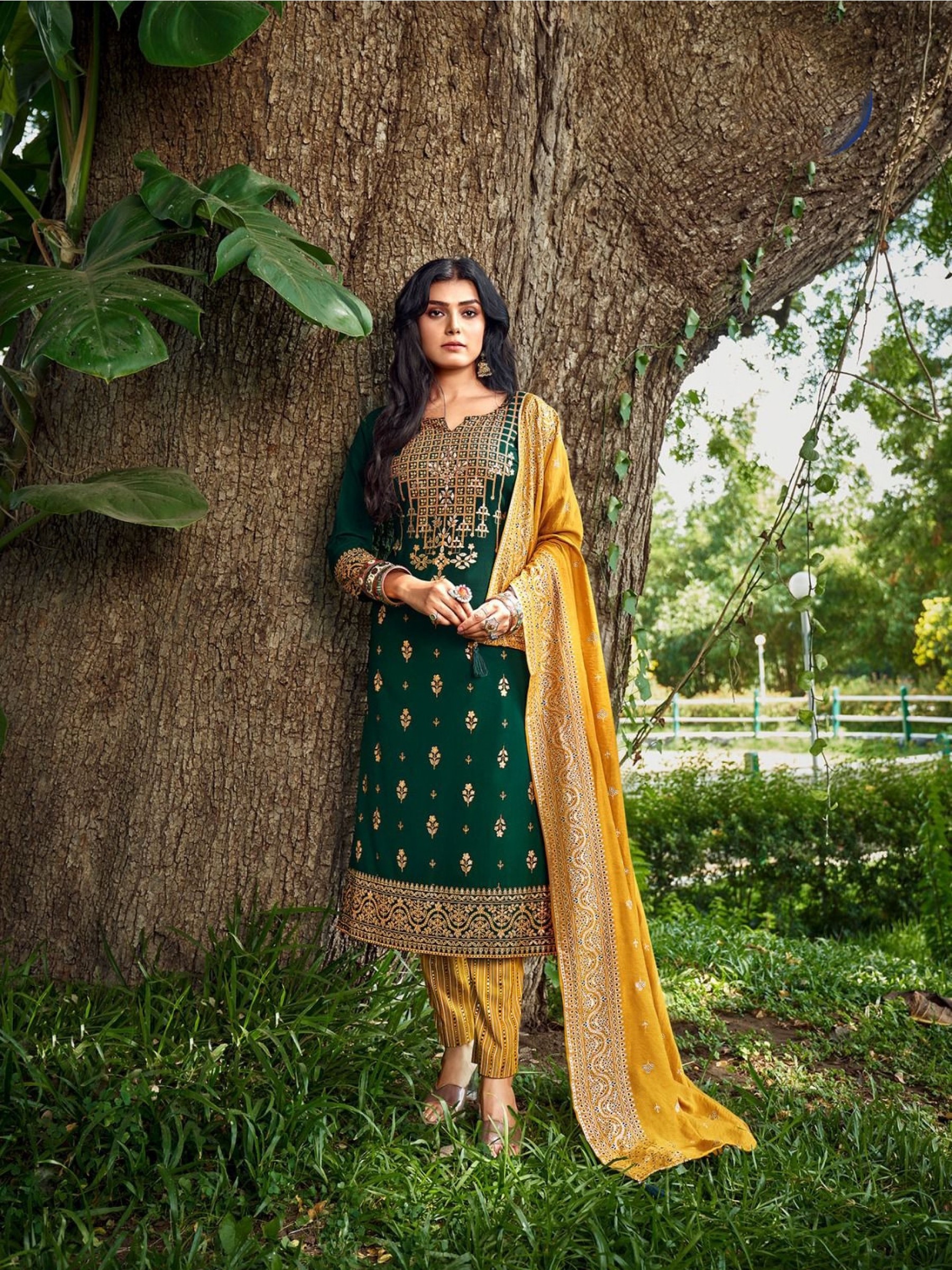 Reyon  Casual Wear Suit In Green & Yellow Color With Embroidery Work 