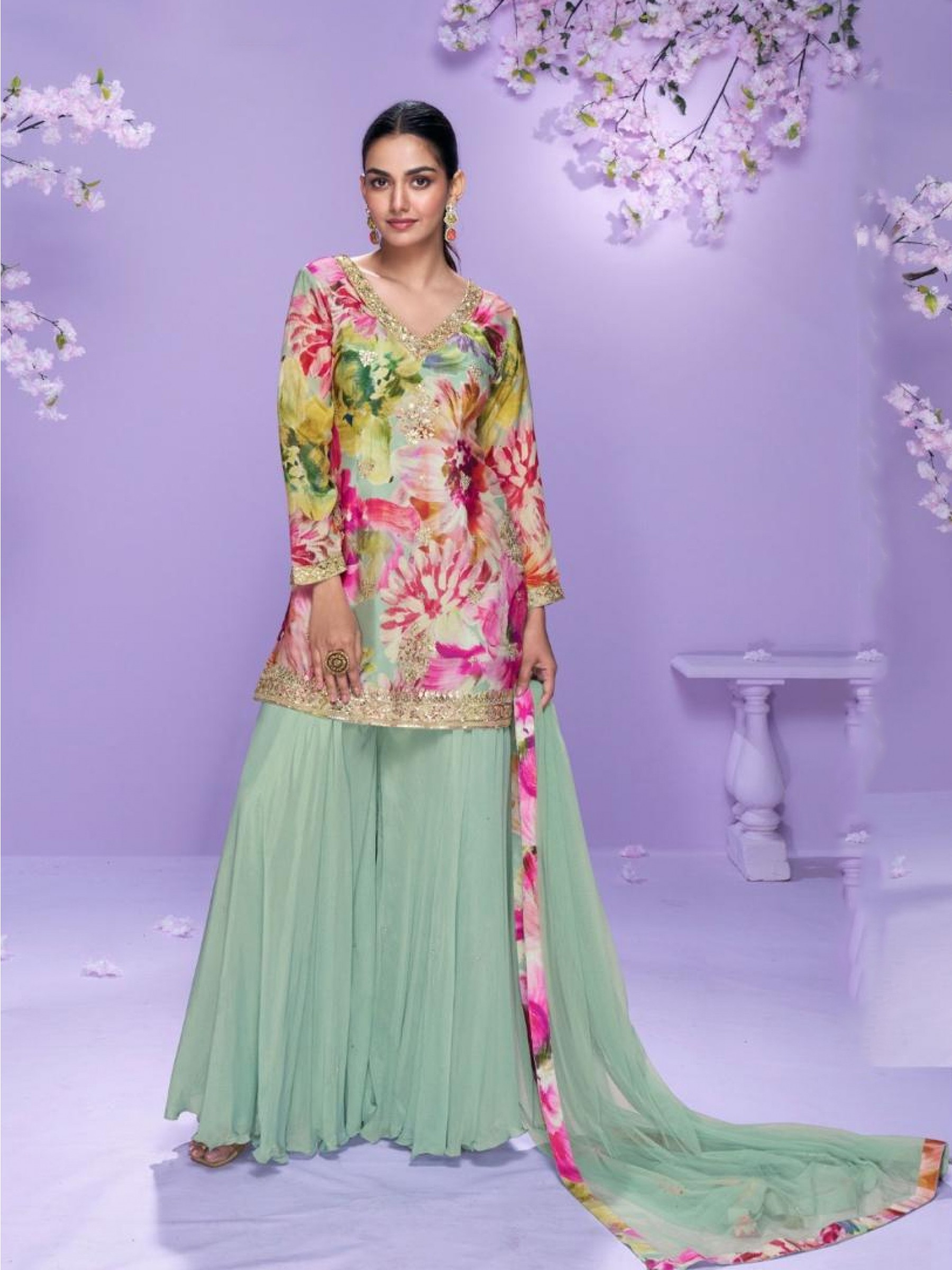 Premium Real Chinon Silk Party Wear Plazo Suit Multi Color with Embroidery Work
