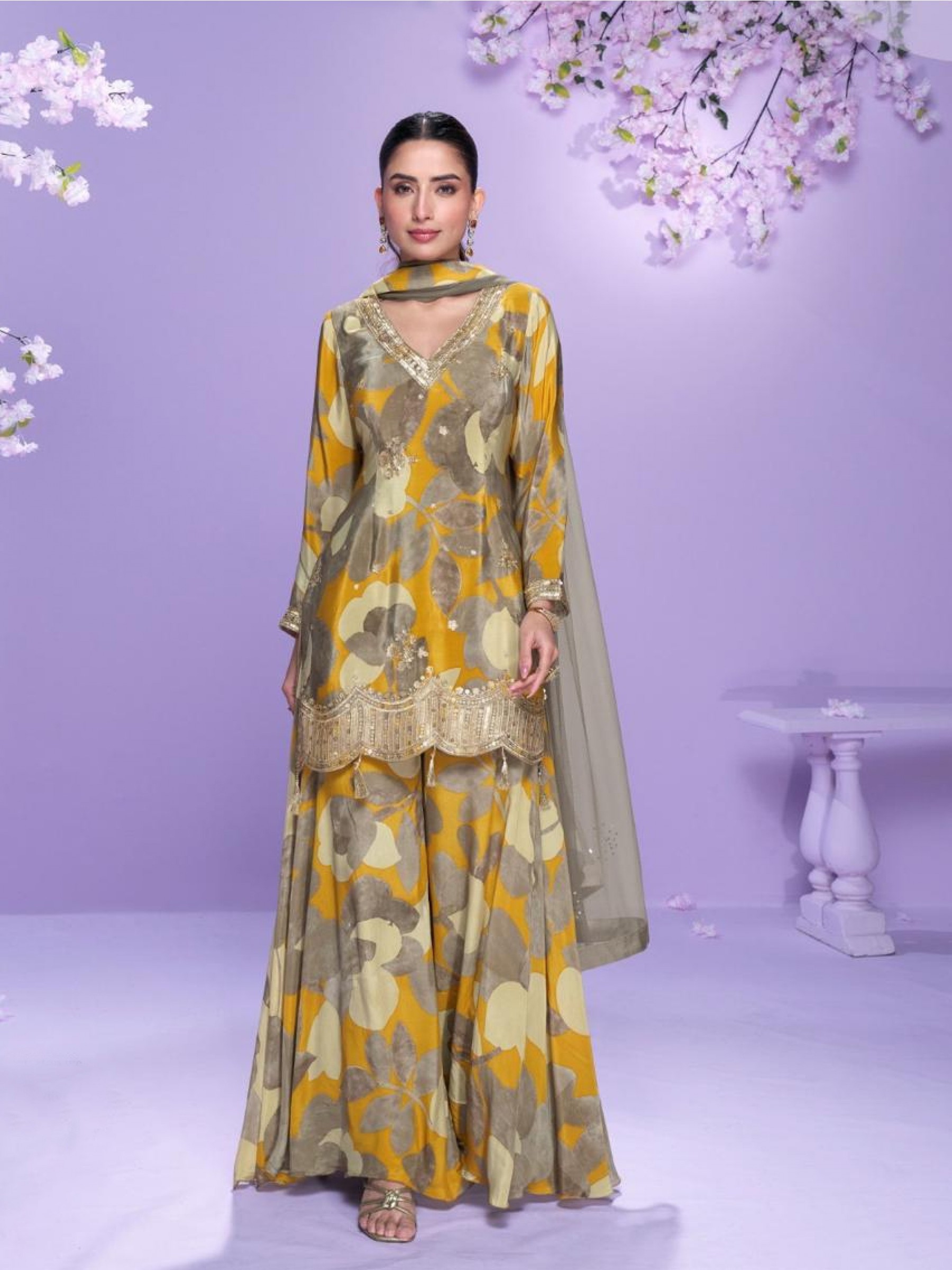Premium Real Chinon Silk Party Wear Plazo Suit Multi Color with Embroidery Work
