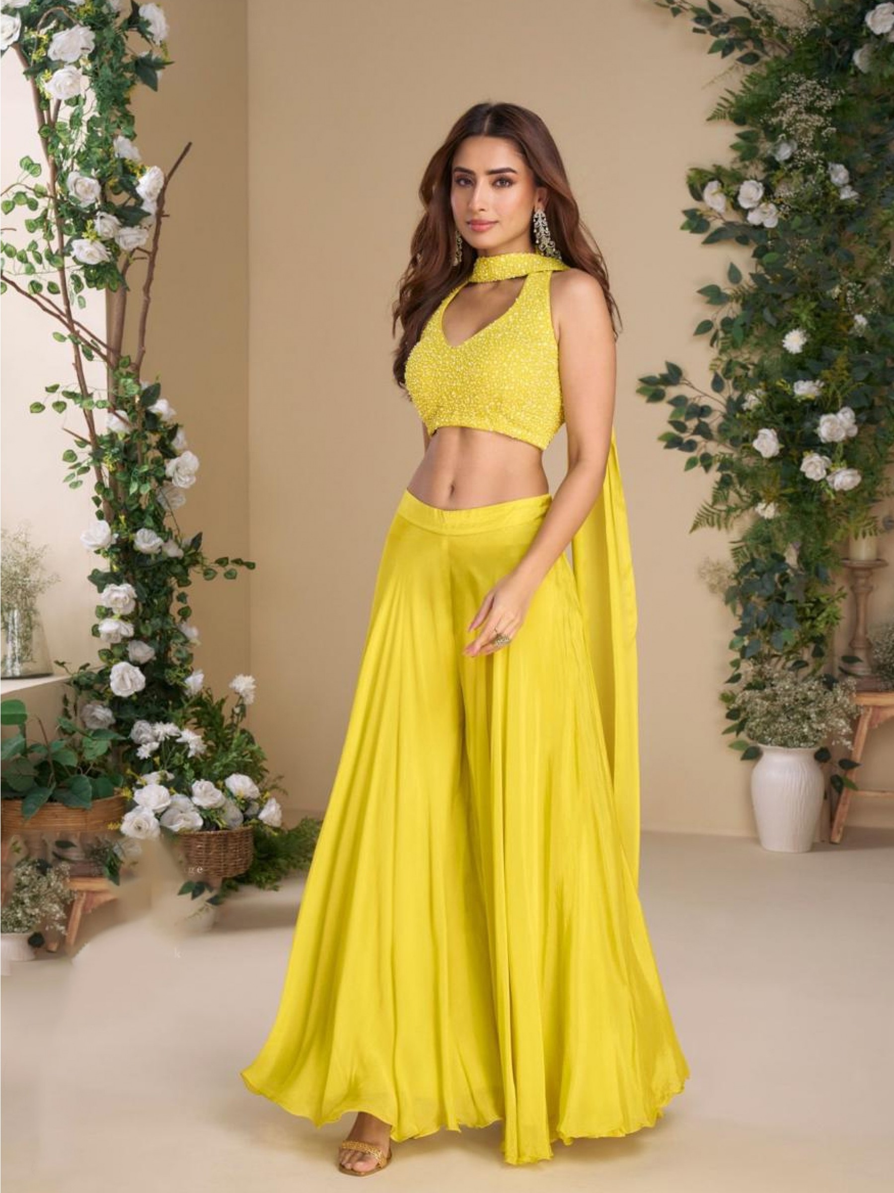 Pure Chinon Silk Party Wear 3 pcs In Yellow Color with Embroidery Work