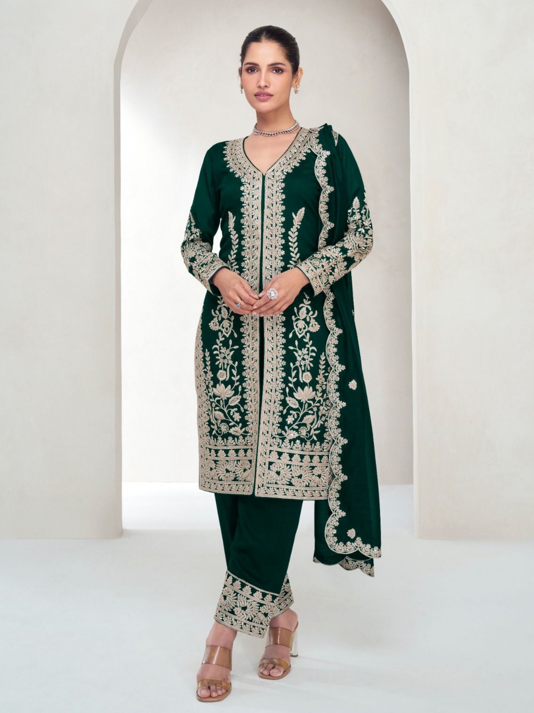 Pure Silk Party Wear Sharara in Green Color with Embroidery Work