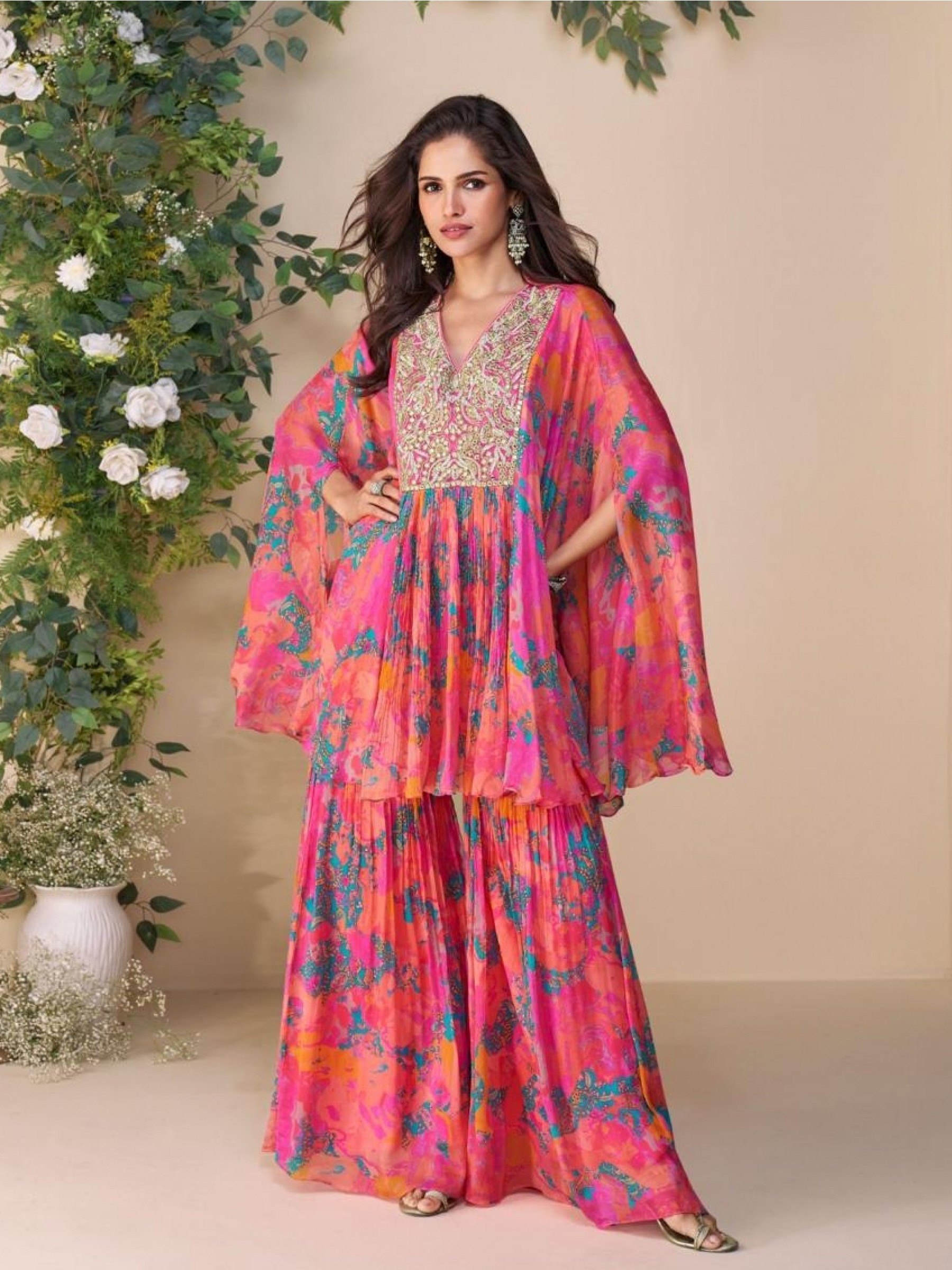 Premium Real Chinon Silk Party Wear Plazo Suit Multi Color with Embroidery Work
