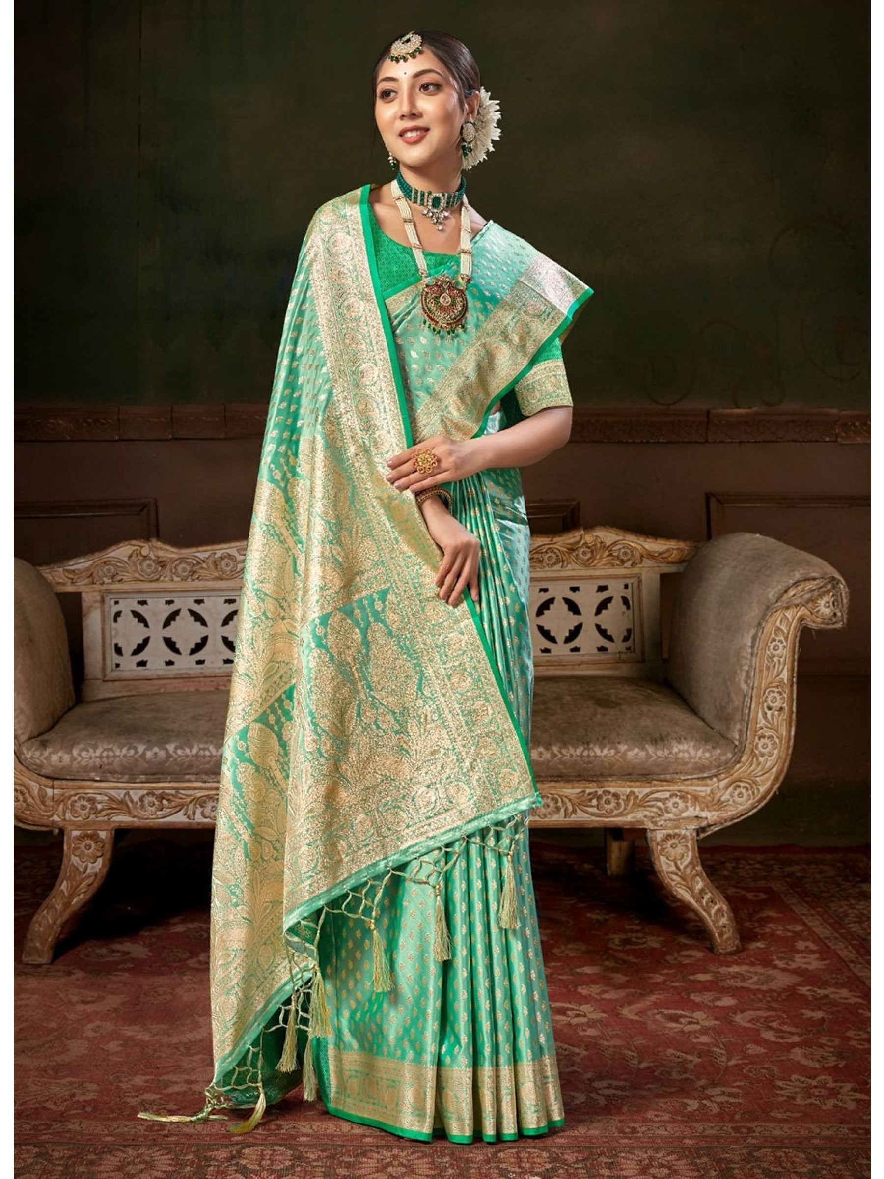 Party Wear Saree Turquoise Color Banarasi Silk Saree