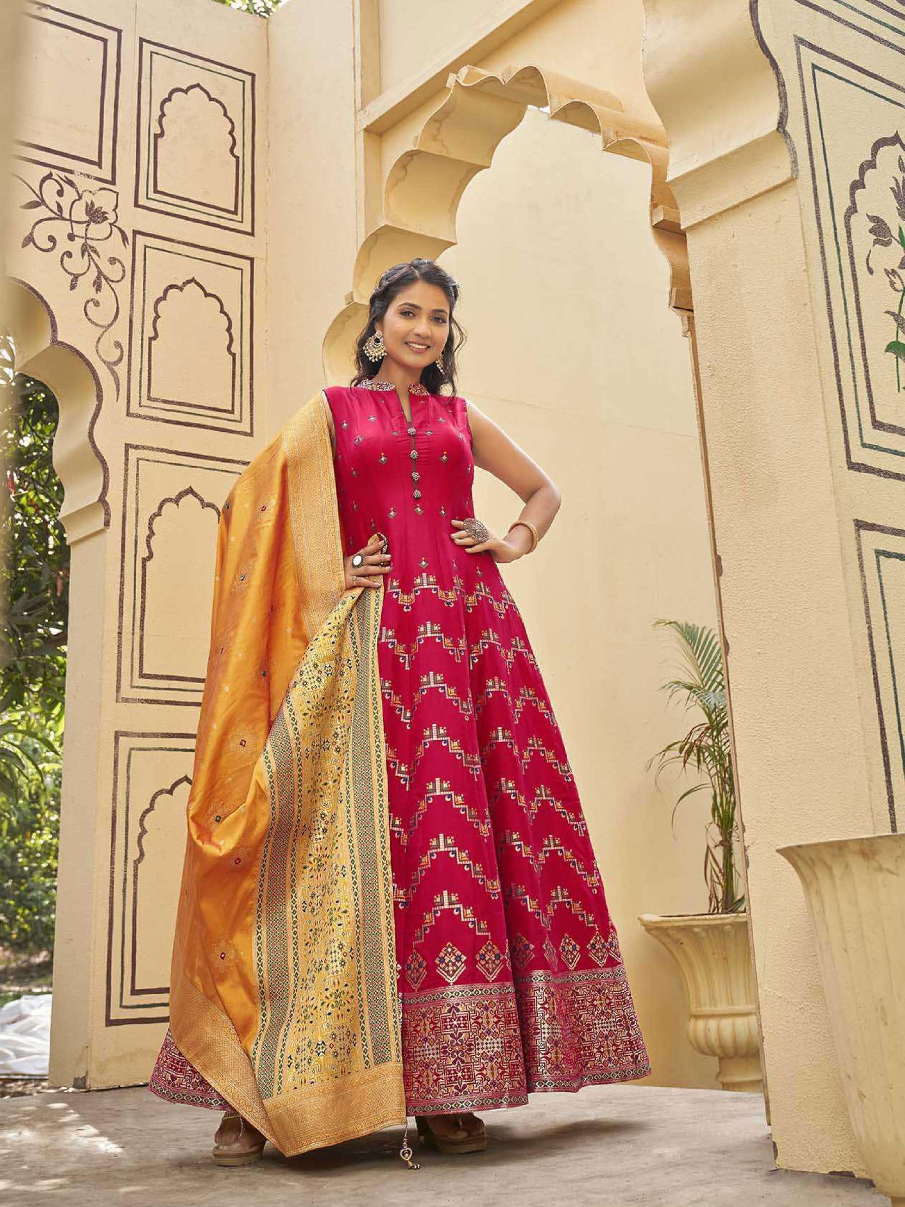 Jacquard Silk Party Wear Gown Pink  Color with  Embroidery Work