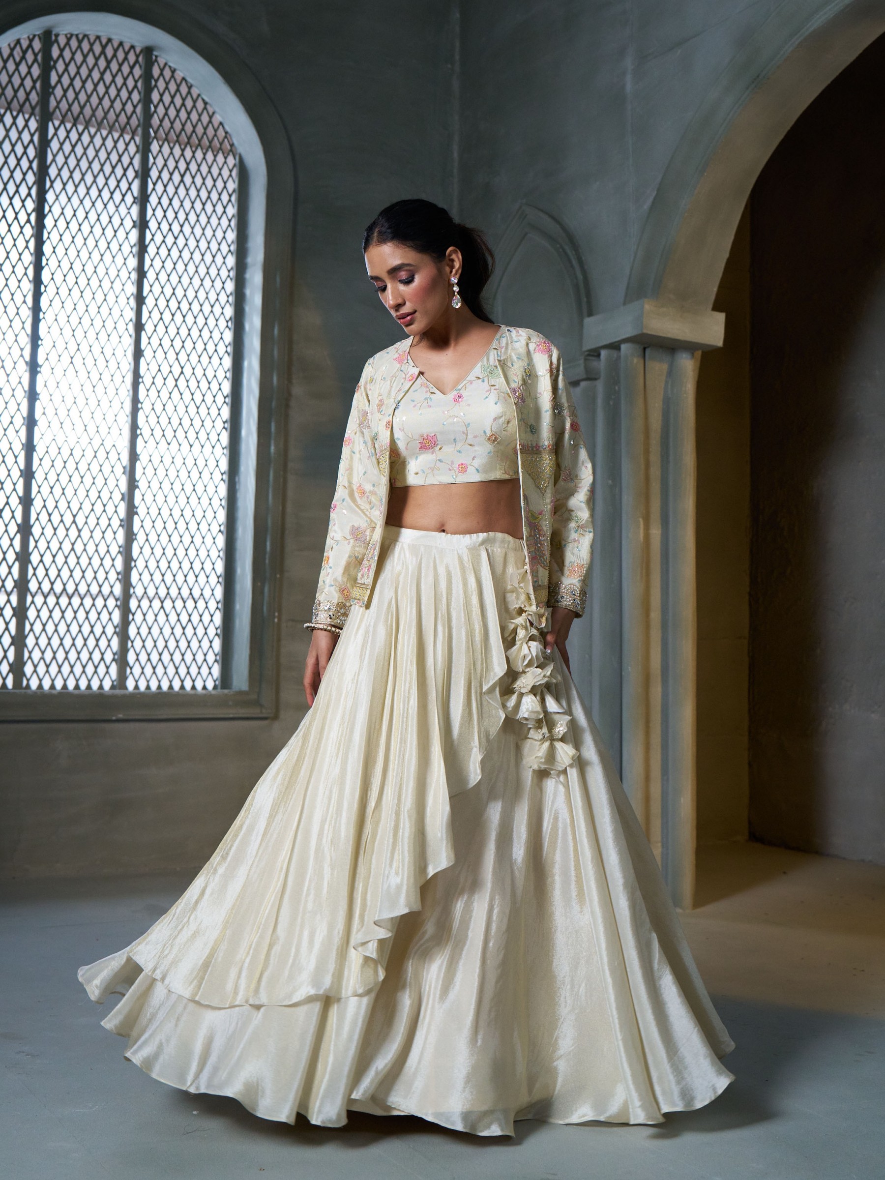 Pure Banarasi Viscose Tissue Silk Wedding Wear Lehenga in Off white Color With Embroidery Work