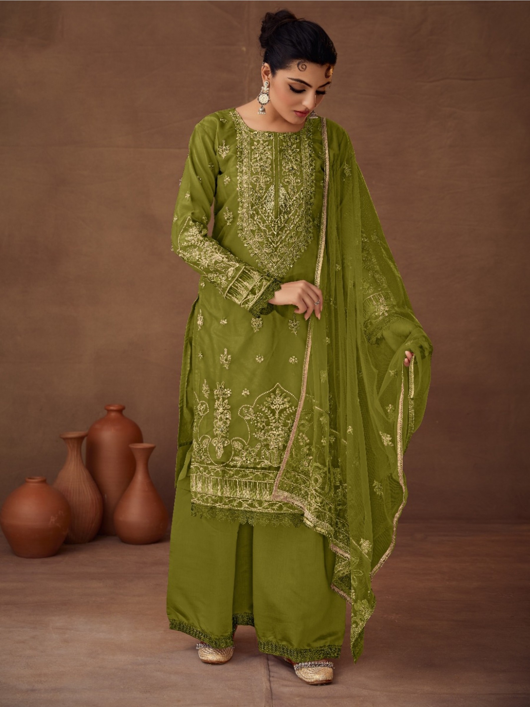 Heavy Organza Party Wear Suit In Green Color With Embroidery Work 