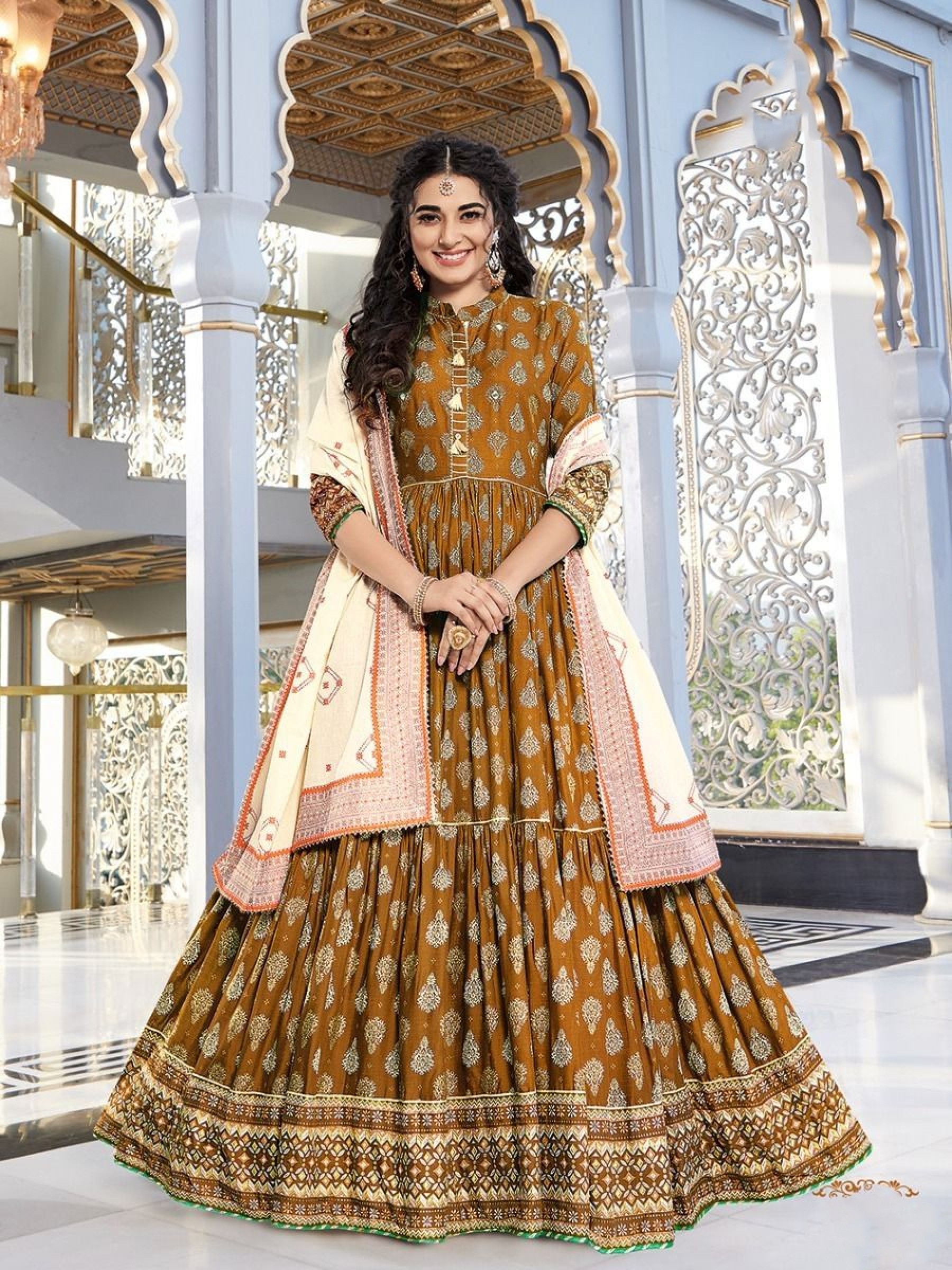 Heavy Rayon  Fabrics Long Kurti In Brown Color 