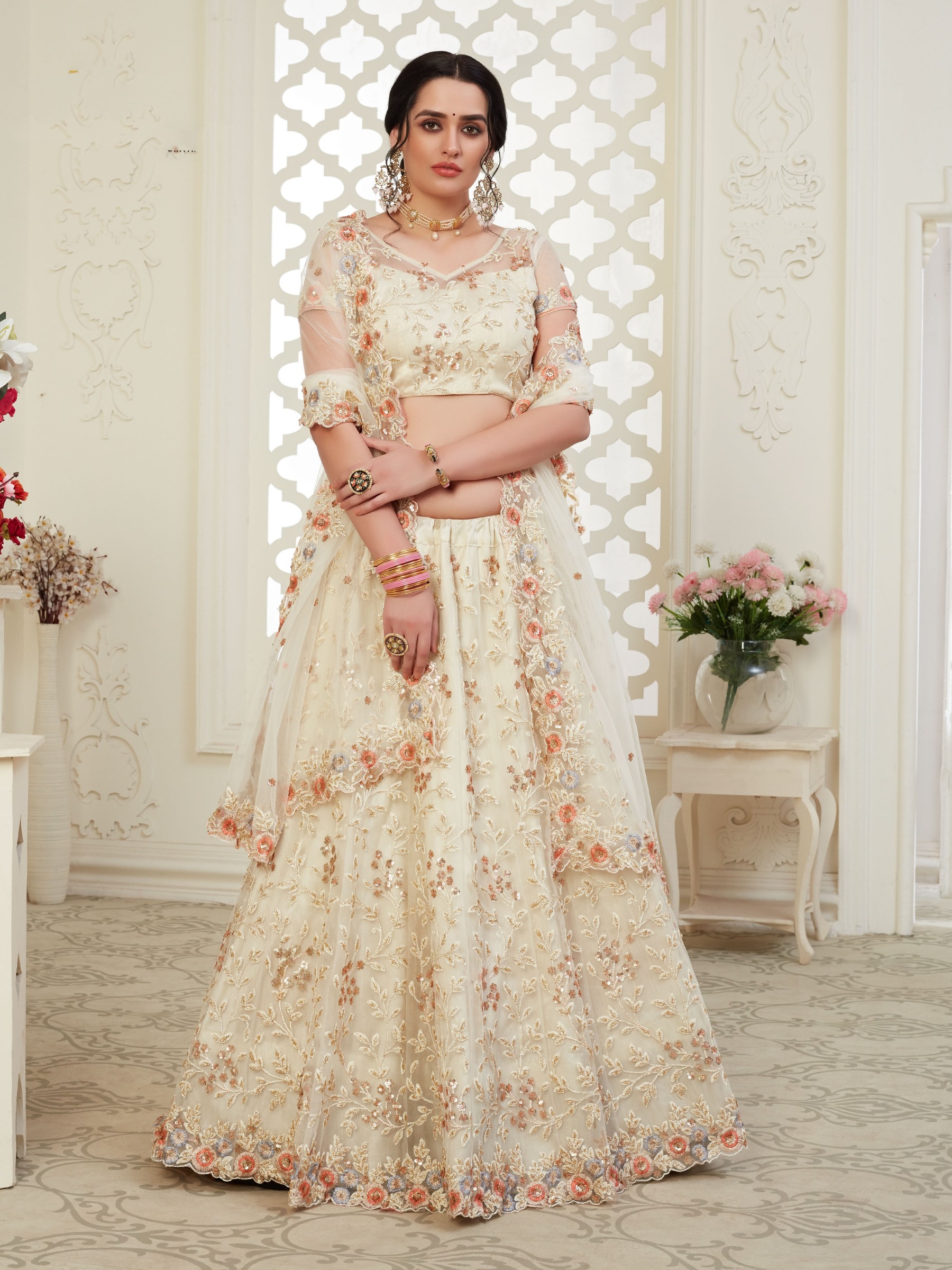 Soft premium Net  Party Wear Lehenga Off White Color With Embroidery Work , Stone work