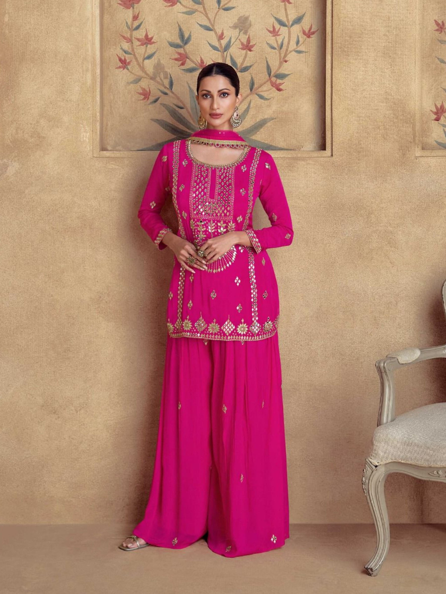 Real Chinon Silk Party Wear Sharara in Pink Color with Embroidery Work