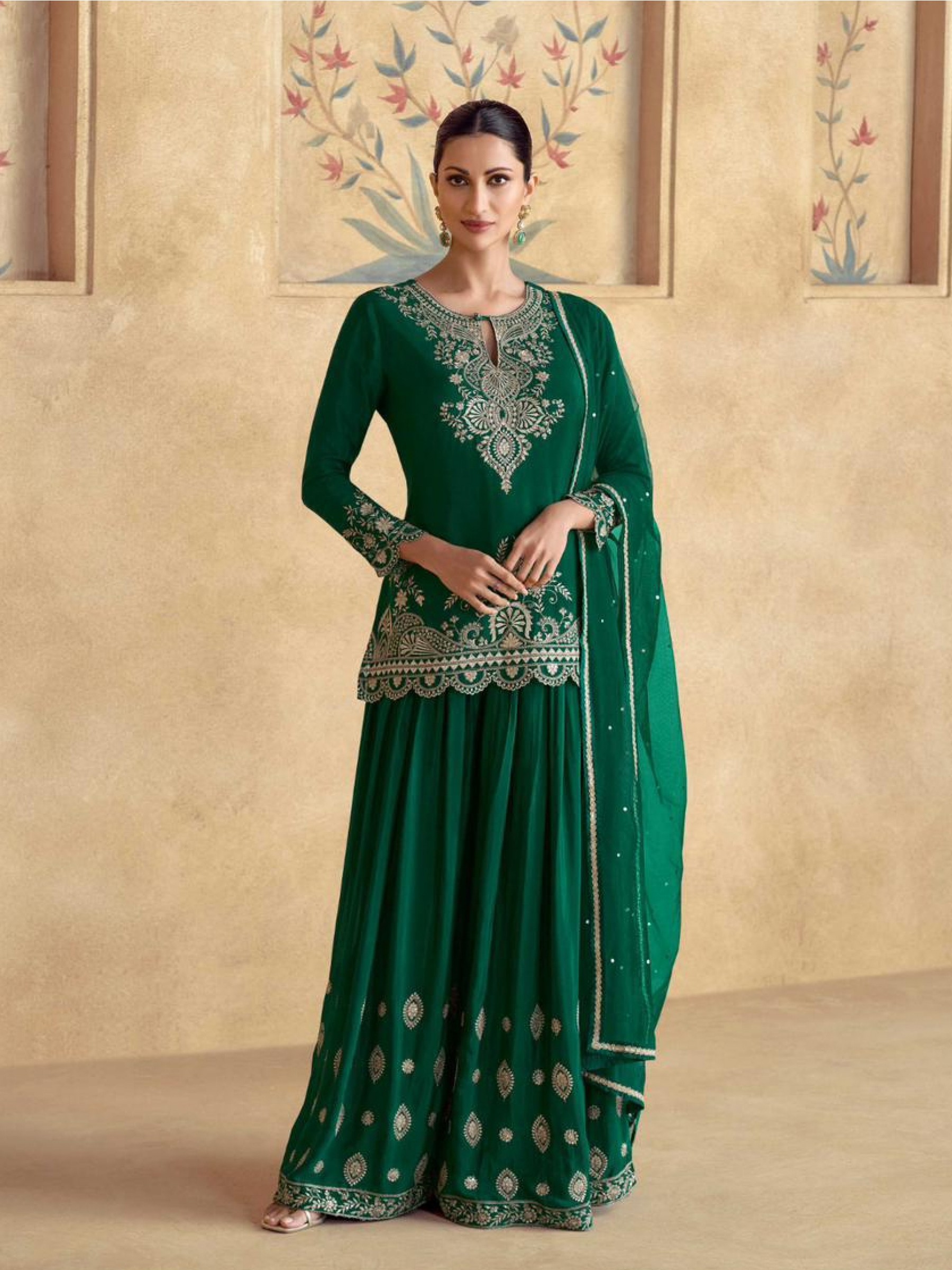 Real Chinon Silk Party Wear Sharara in Green Color with Embroidery Work