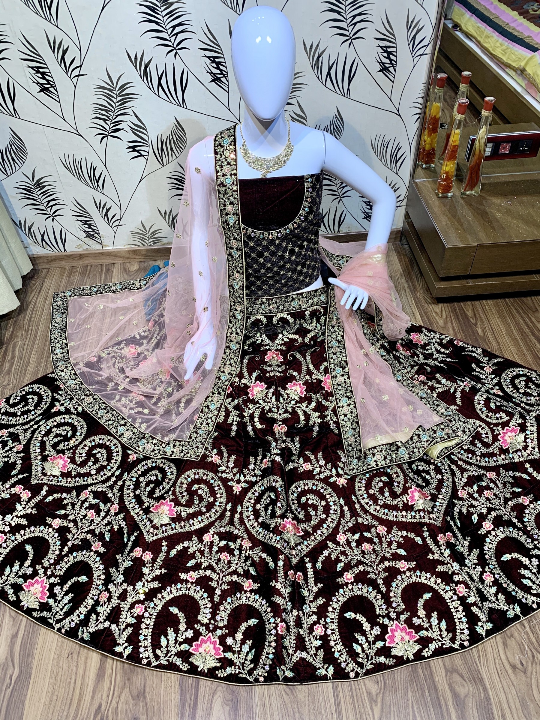 Velvet Bridal Lehenga In Maroon Color With Sequence Work 