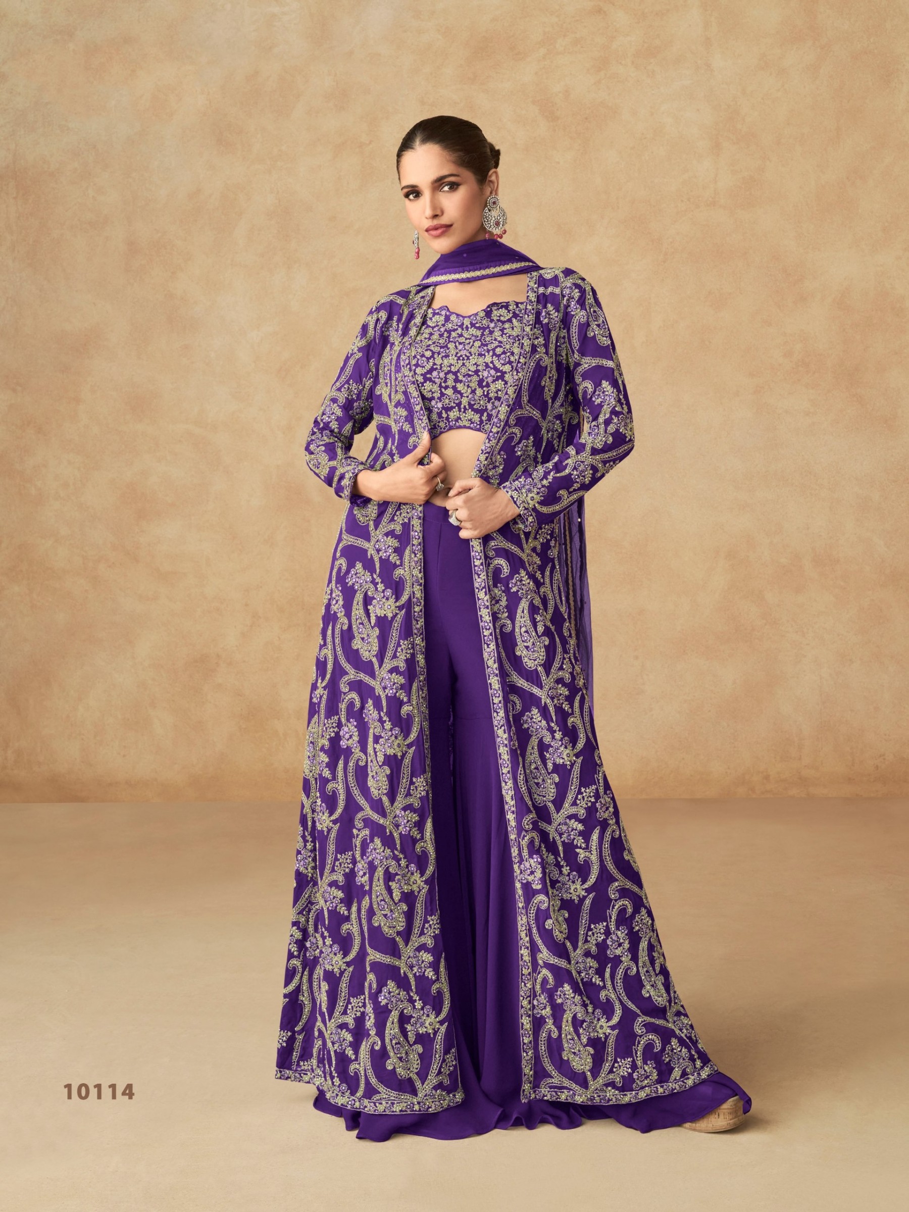 Real Georgette Silk Party Wear 3 Pcs Purple Color with Embroidery Work