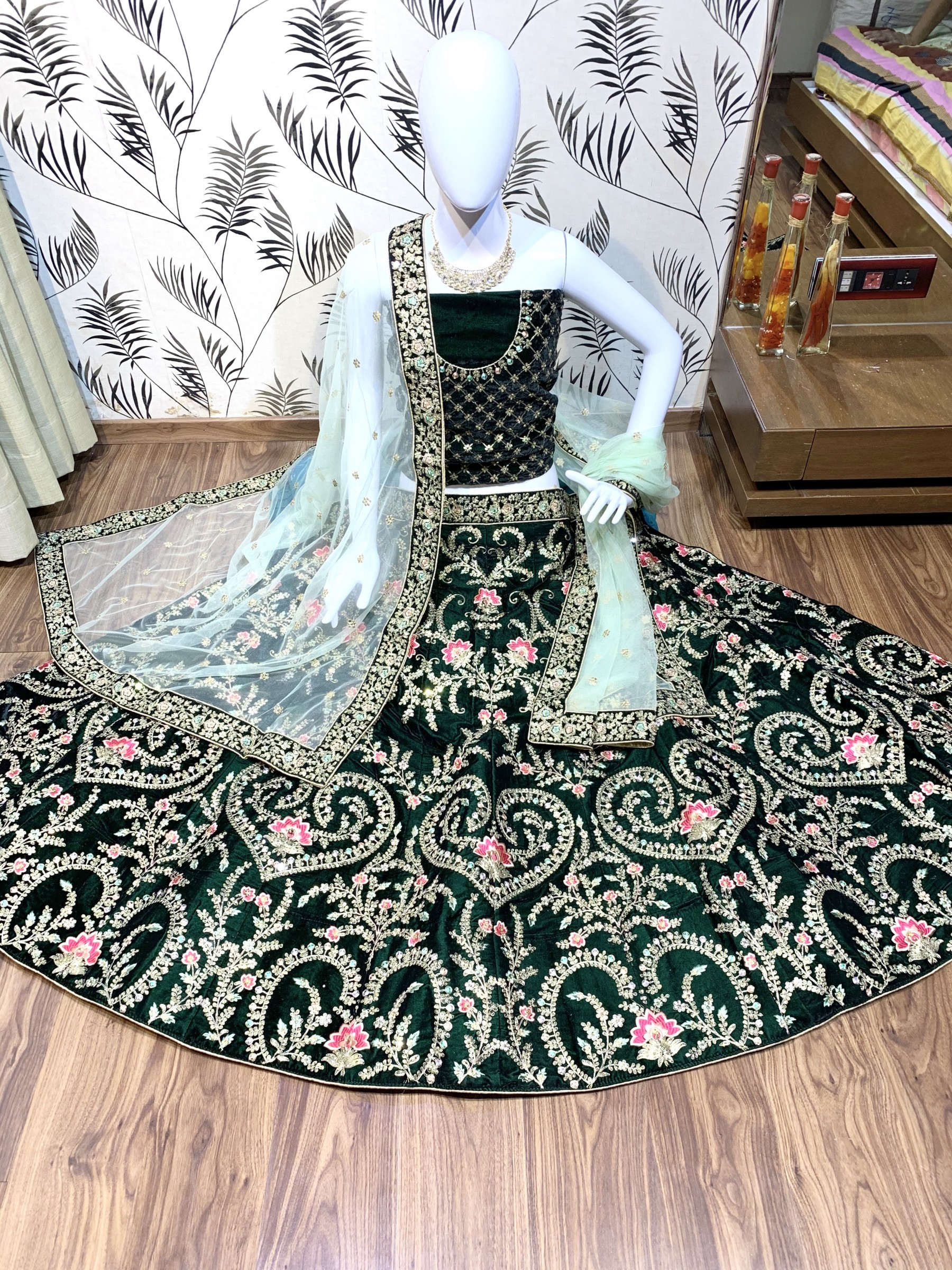 Velvet Bridal Lehenga In Green Color With Sequence Work 
