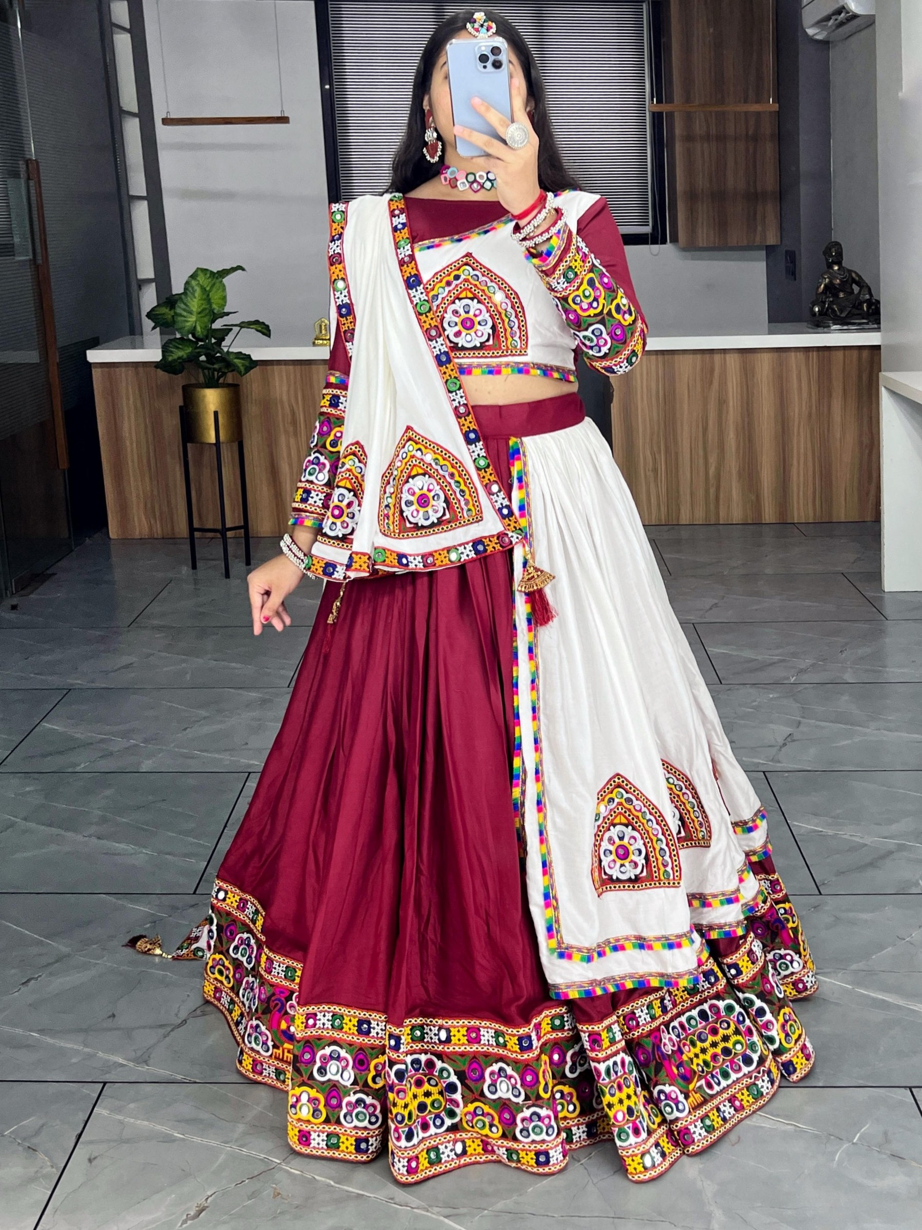 Pure Rayon Cotton Silk fabric Lehenga In Maroon Color With Mirror Work 