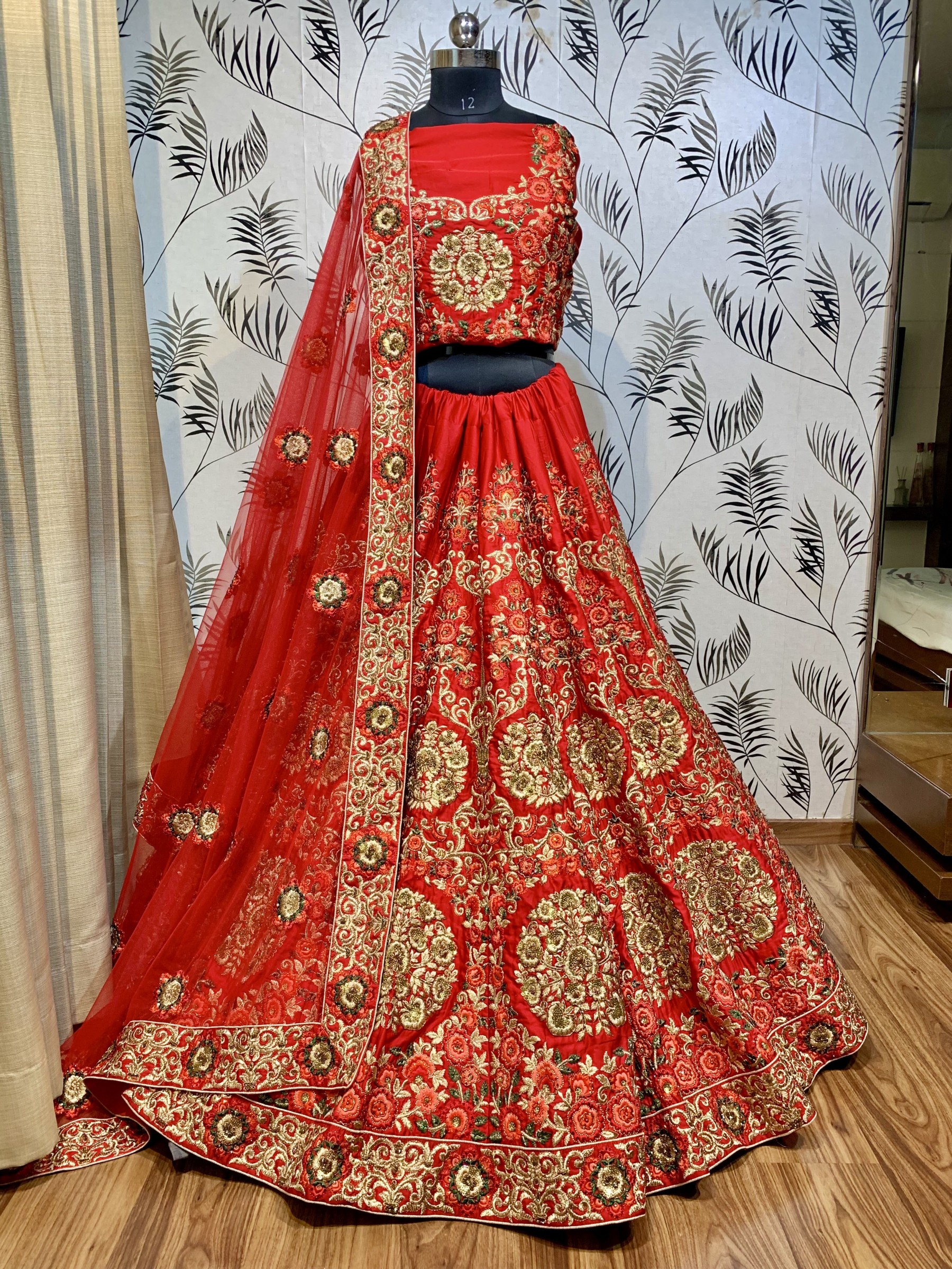 Pure Silk  Bridal Lehenga In Red With Embroidery & Crystal Stone Work