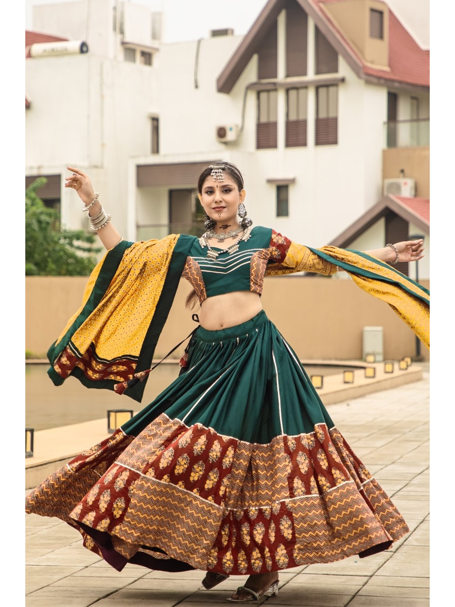 Pure Rayon Silk fabric Lehenga In Green Color With Foil Print Work 