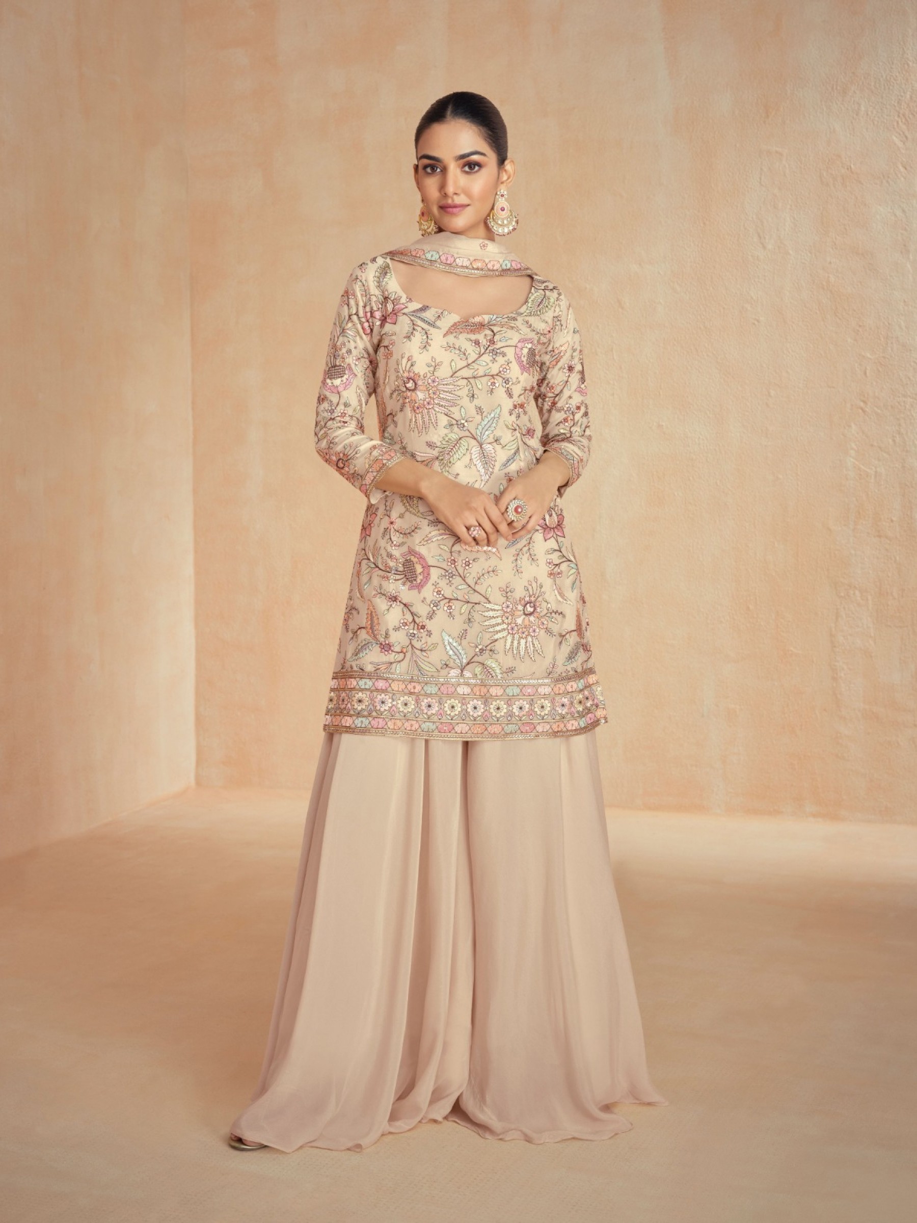 Premium Chinnon Silk Party Wear Sharara Cream Color with Embroidery Work