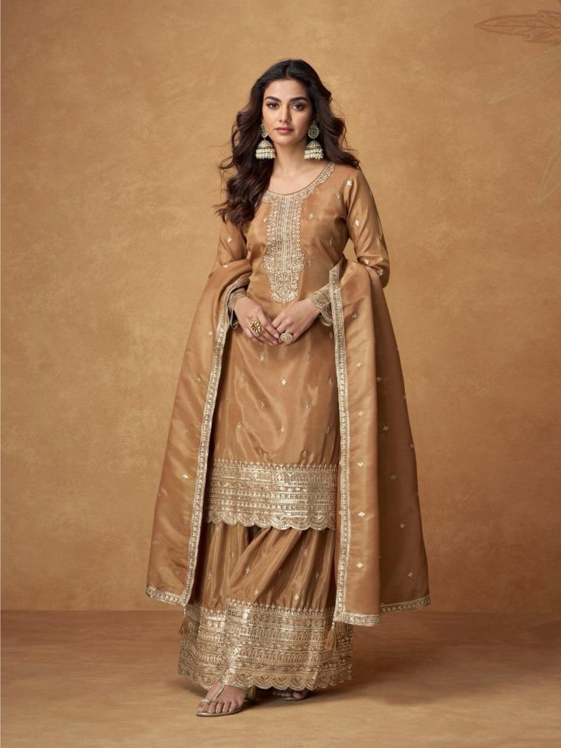 Organza Simar Silk Party Wear Sharara Mustard Color with Embroidery Work