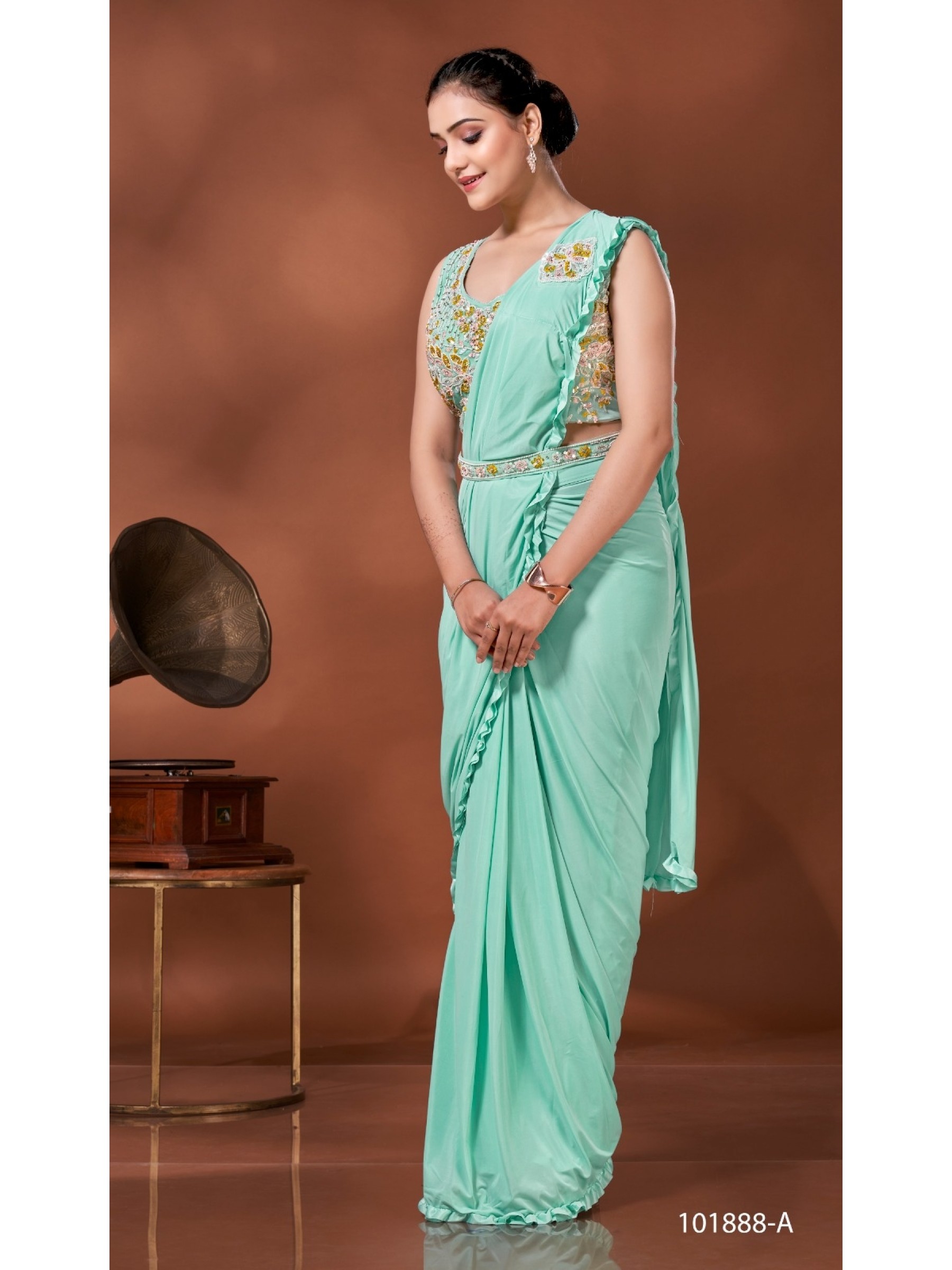 Shimmer Laycra  Fabric Party Wear  Saree In Turquoise Color With Embroidery Work
