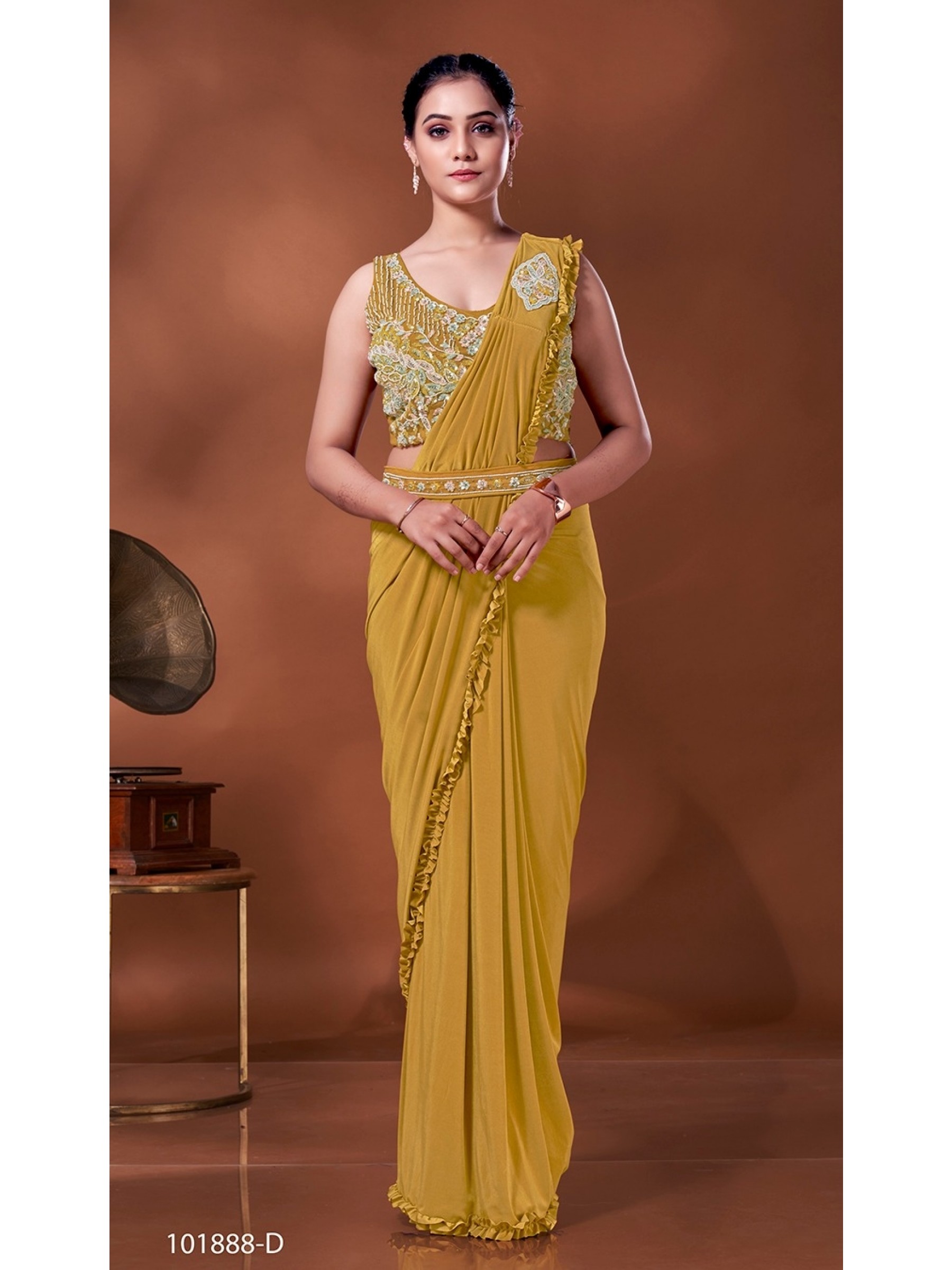 Shimmer Laycra  Fabric Party Wear  Saree In Mustard  Color With Embroidery Work